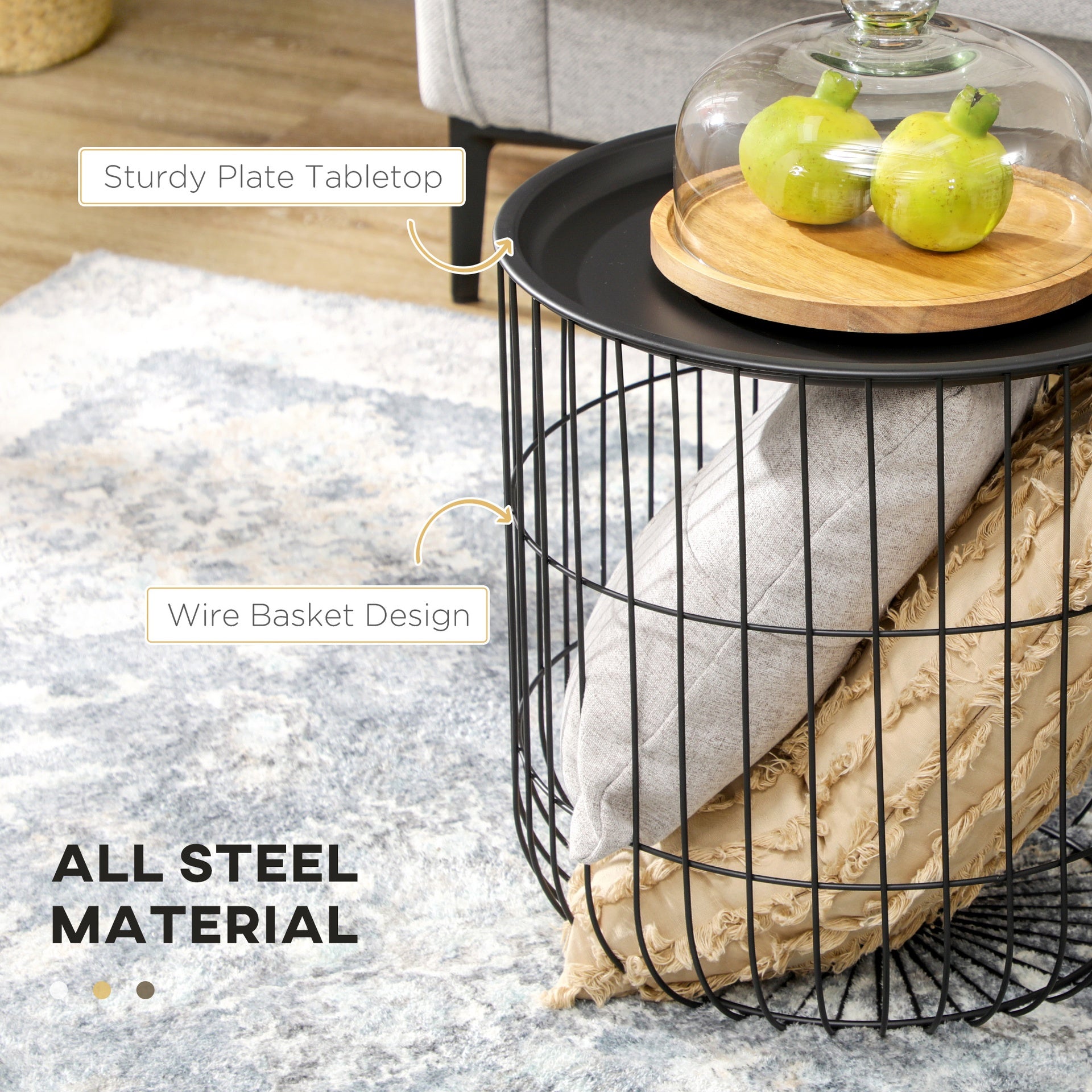 HOMCOM Coffee Table Set, Nest of Coffee Tables with Steel Wired Basket Body and Removable Top for Living Room, Black