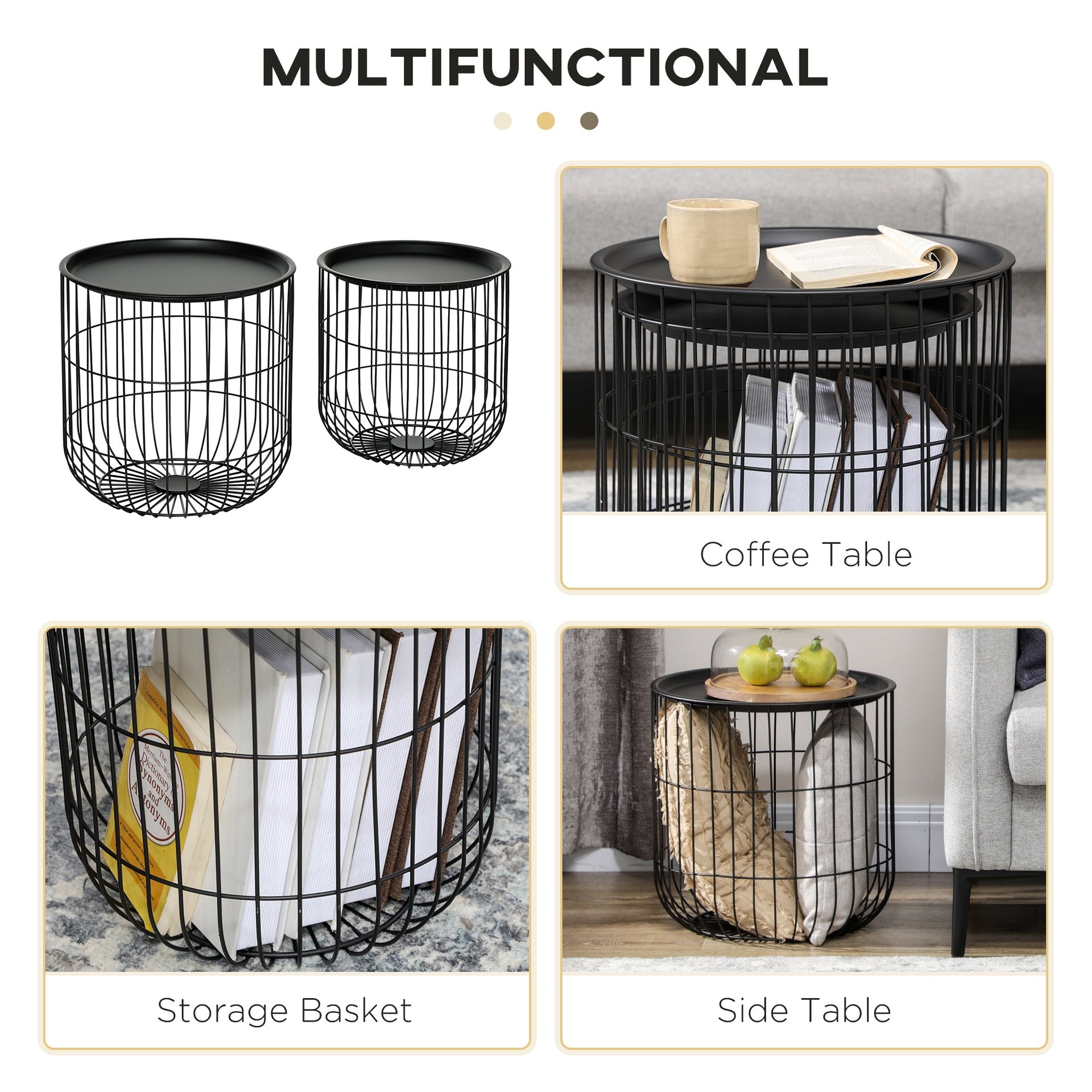 HOMCOM Coffee Table Set, Nest of Coffee Tables with Steel Wired Basket Body and Removable Top for Living Room, Black