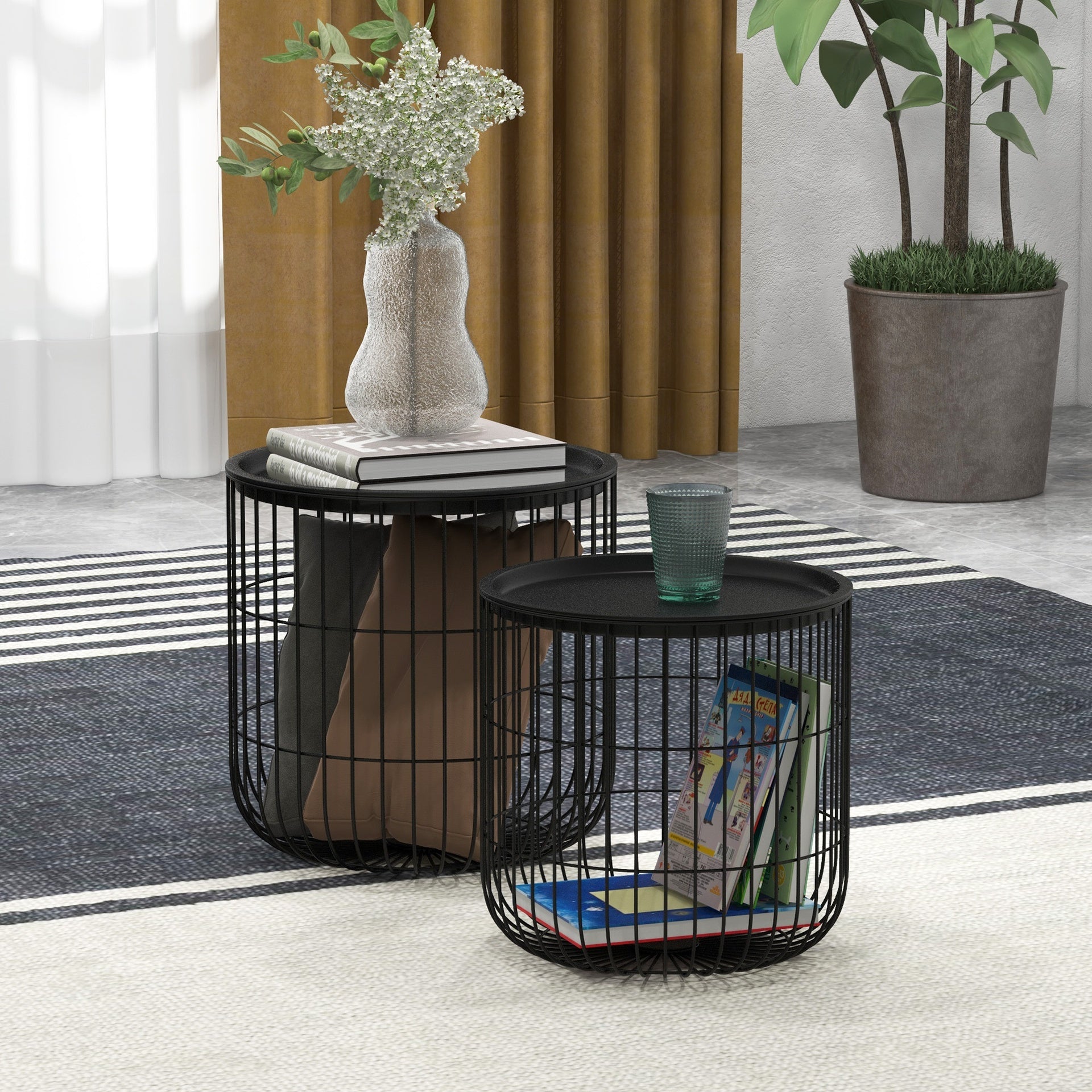 HOMCOM Coffee Table Set, Nest of Coffee Tables with Steel Wired Basket Body and Removable Top for Living Room, Black
