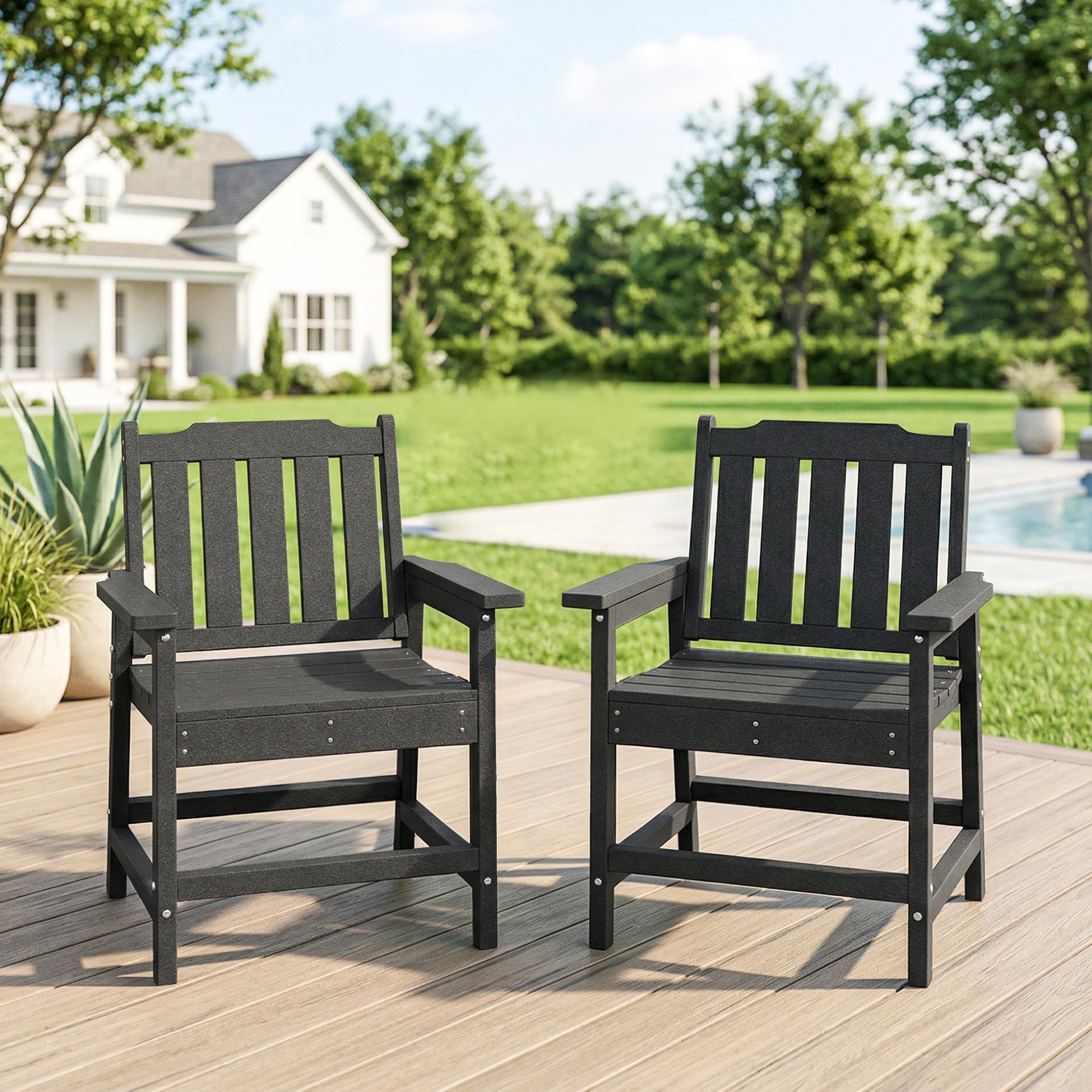 Outsunny 2 Piece All-Weather Patio Chairs, HDPE Patio Dining Chair Set, Heavy Duty Wood-Like Outdoor Furniture, Gray