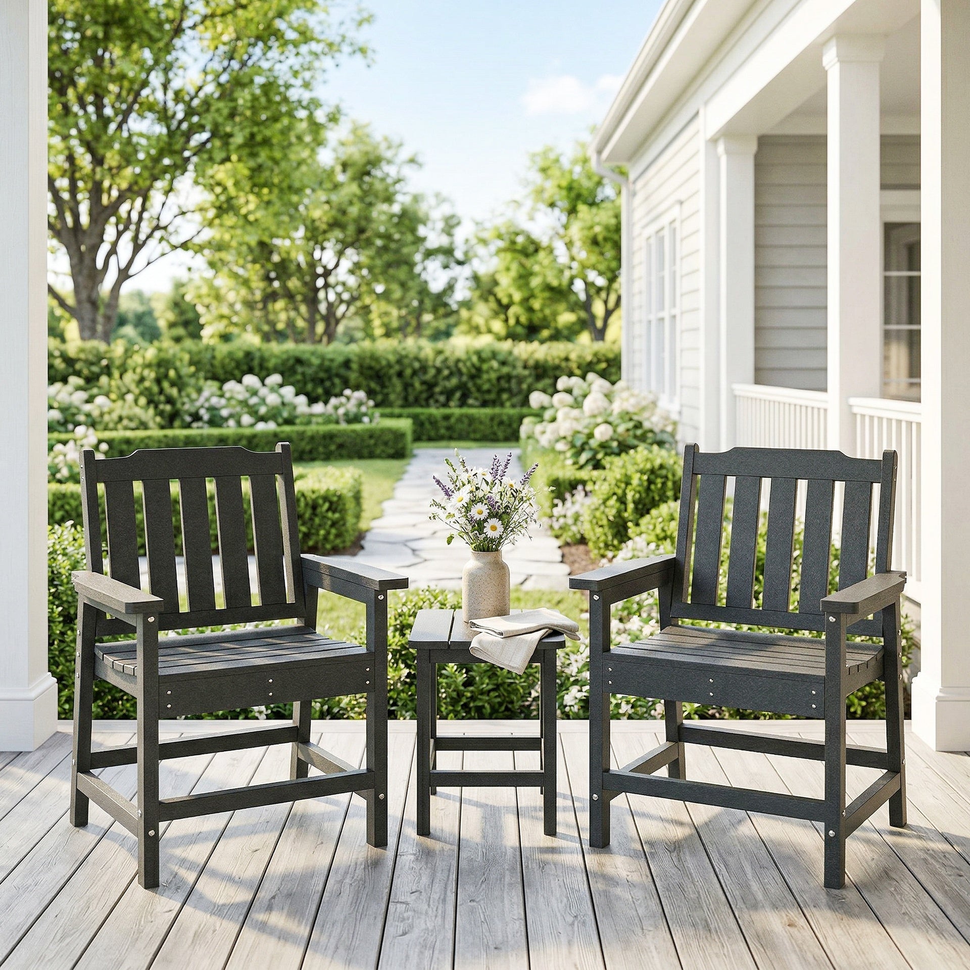 Outsunny 2 Piece All-Weather Patio Chairs, HDPE Patio Dining Chair Set, Heavy Duty Wood-Like Outdoor Furniture, Gray