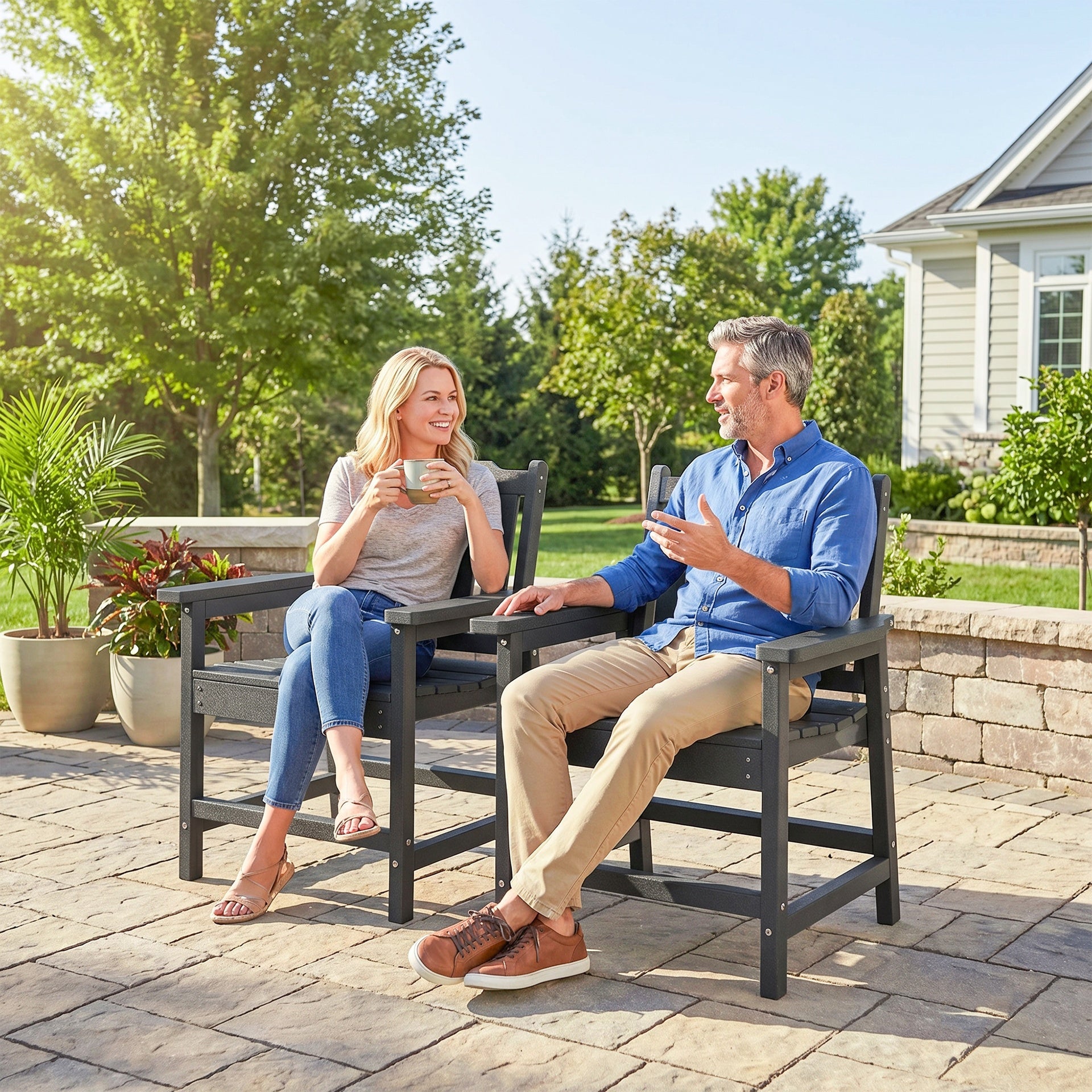 Outsunny 2 Piece All-Weather Patio Chairs, HDPE Patio Dining Chair Set, Heavy Duty Wood-Like Outdoor Furniture, Gray