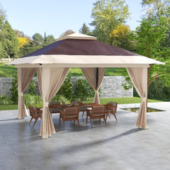 Outsunny 13' x 13' Pop Up Gazebo Instant Canopy Tent Shelter with 2-Tier Roof, Carry Bag, Wight Bags for Outdoor, Garden, Brown