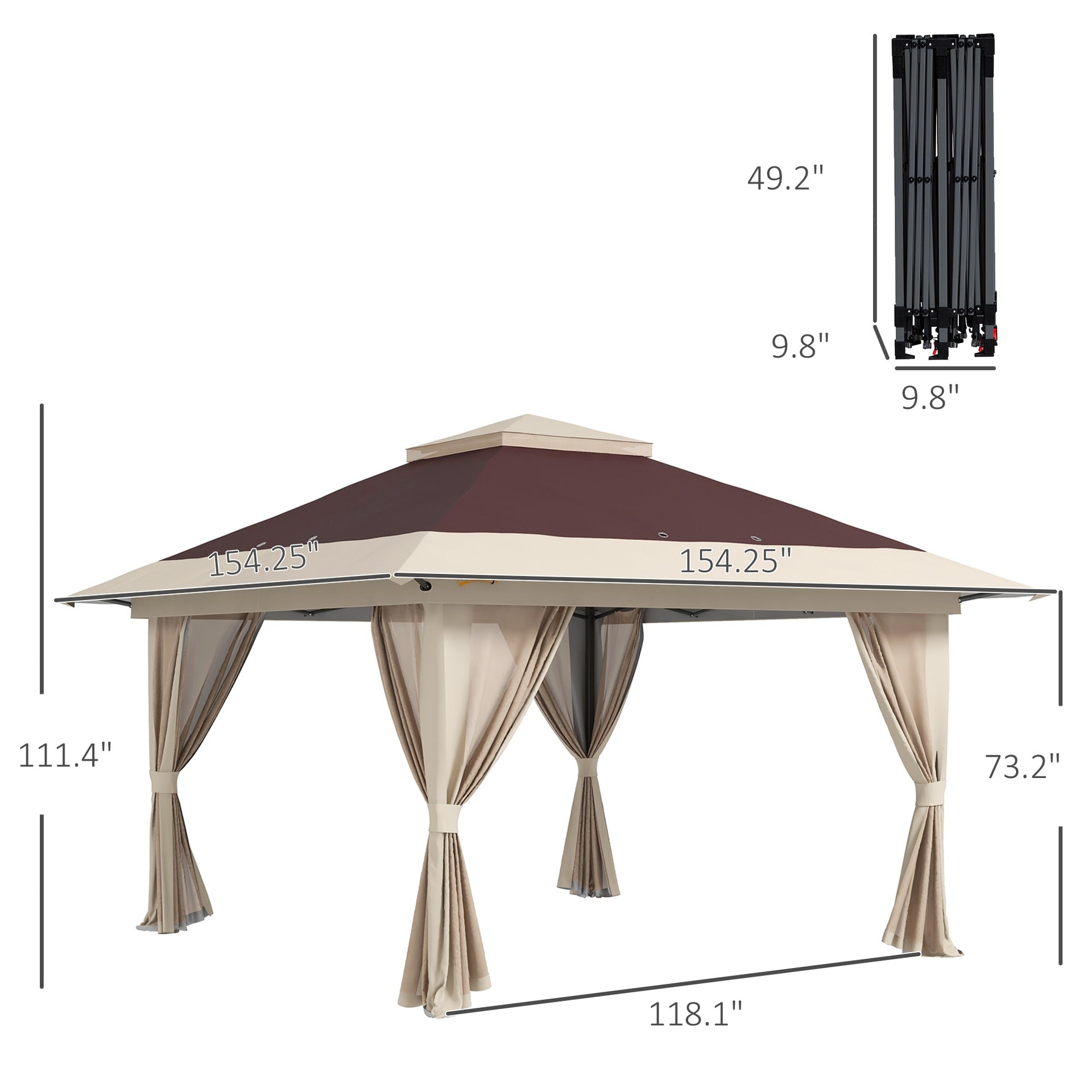Outsunny 13' x 13' Pop Up Gazebo Instant Canopy Tent Shelter with 2-Tier Roof, Carry Bag, Wight Bags for Outdoor, Garden, Brown