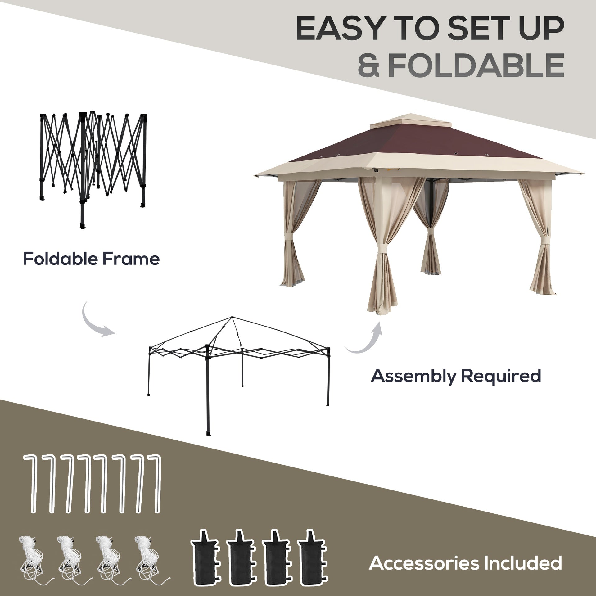Outsunny 13' x 13' Pop Up Gazebo Instant Canopy Tent Shelter with 2-Tier Roof, Carry Bag, Wight Bags for Outdoor, Garden, Brown
