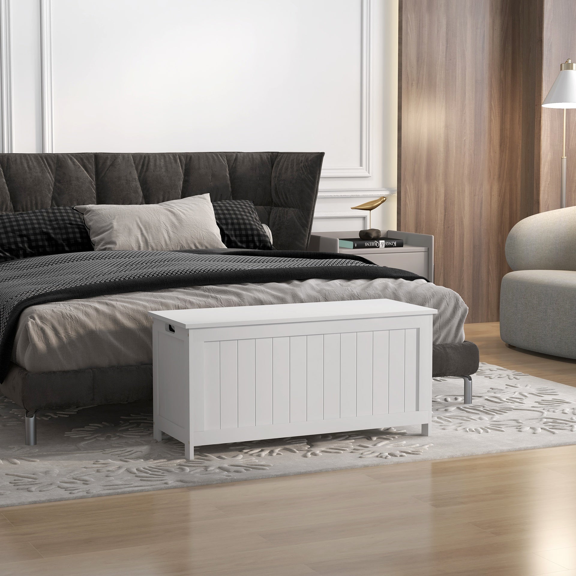 HOMCOM 39.4" Storage Trunk w/ 2 Safety Hinges, Wooden Storage Bench w/ Side Handles, Storage Chest for Playroom, White