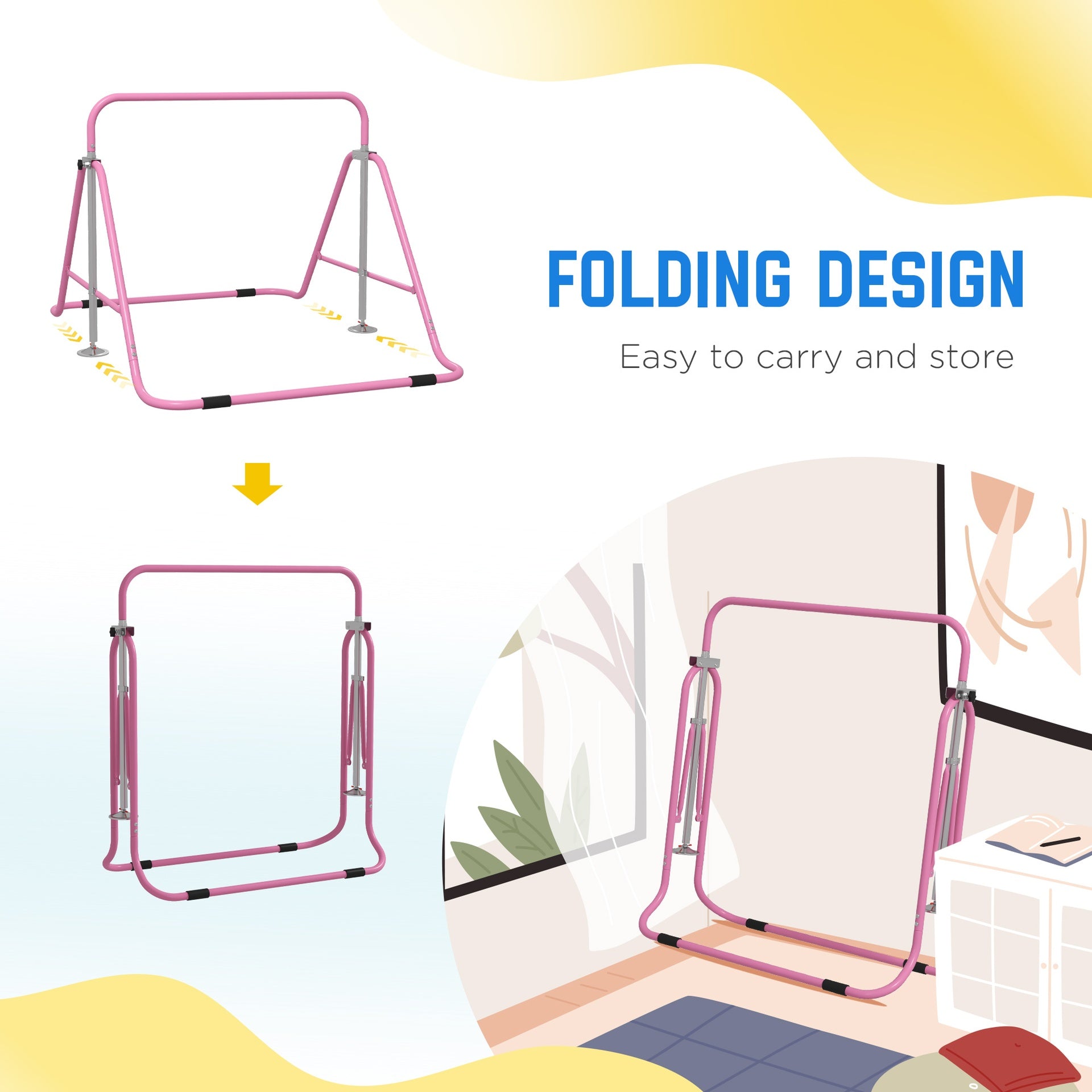 Qaba Folding Gymnastics Bar for Kids, Adjustable Height, Bubble Gum Pink
