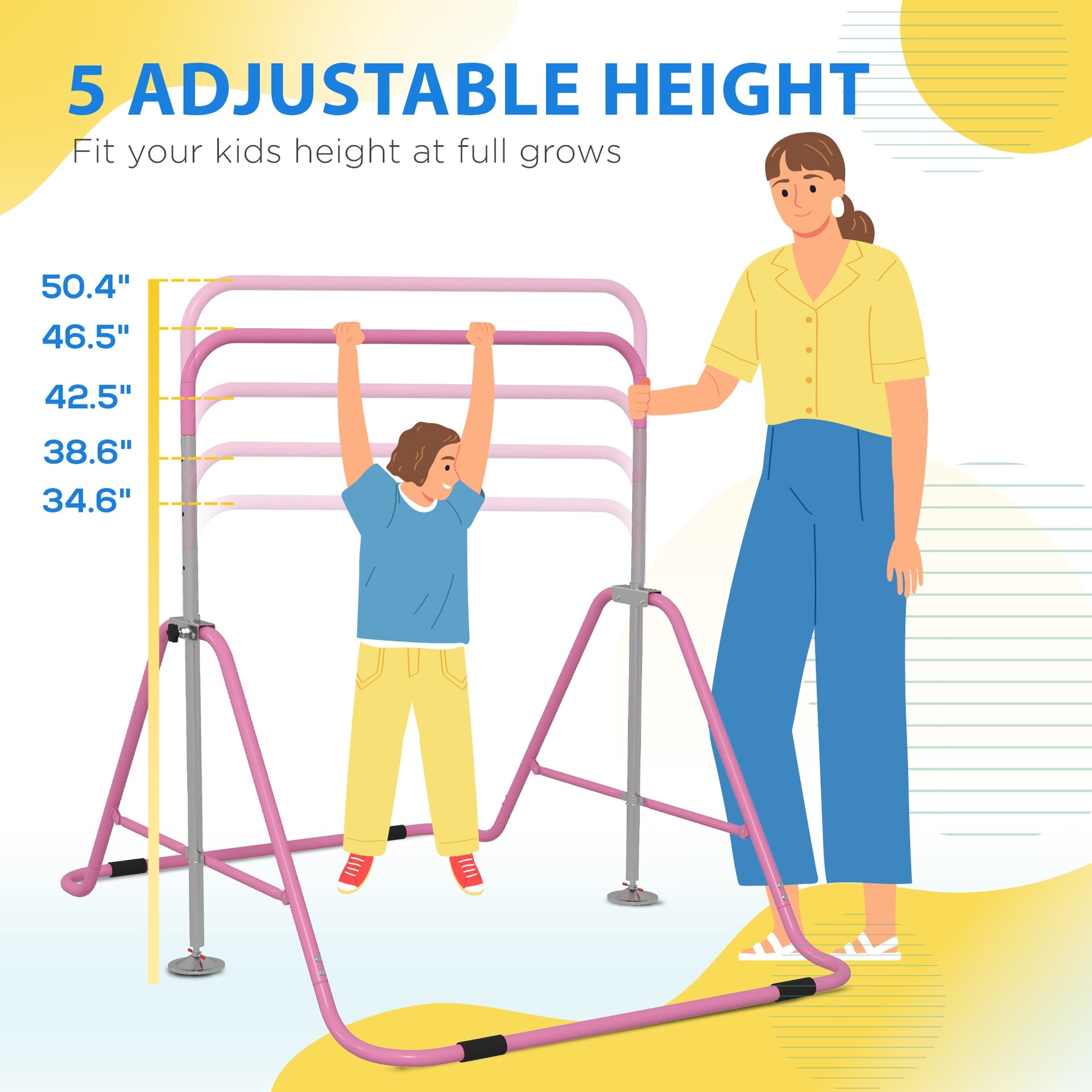 Qaba Folding Gymnastics Bar for Kids, Adjustable Height, Bubble Gum Pink