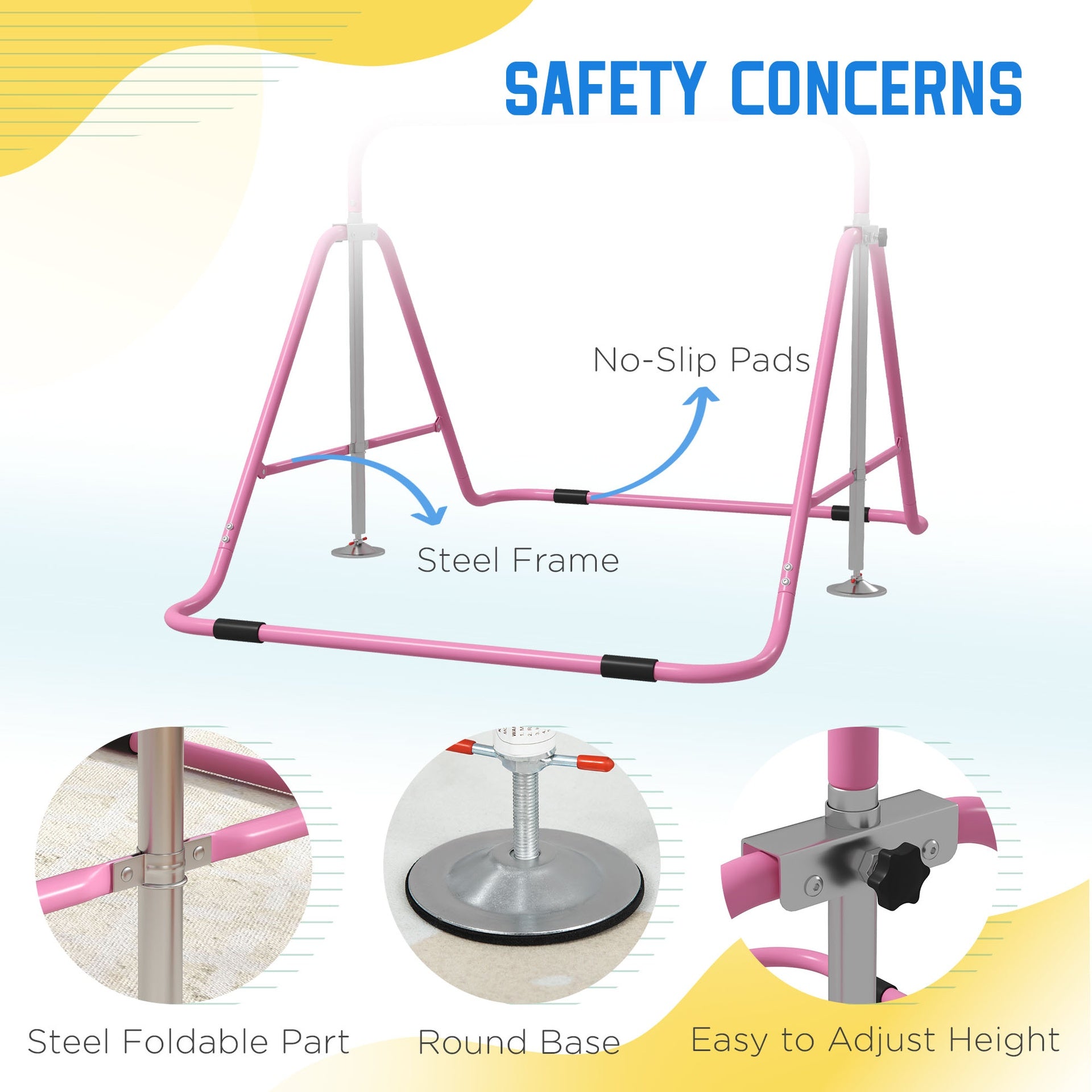 Qaba Folding Gymnastics Bar for Kids, Adjustable Height, Bubble Gum Pink