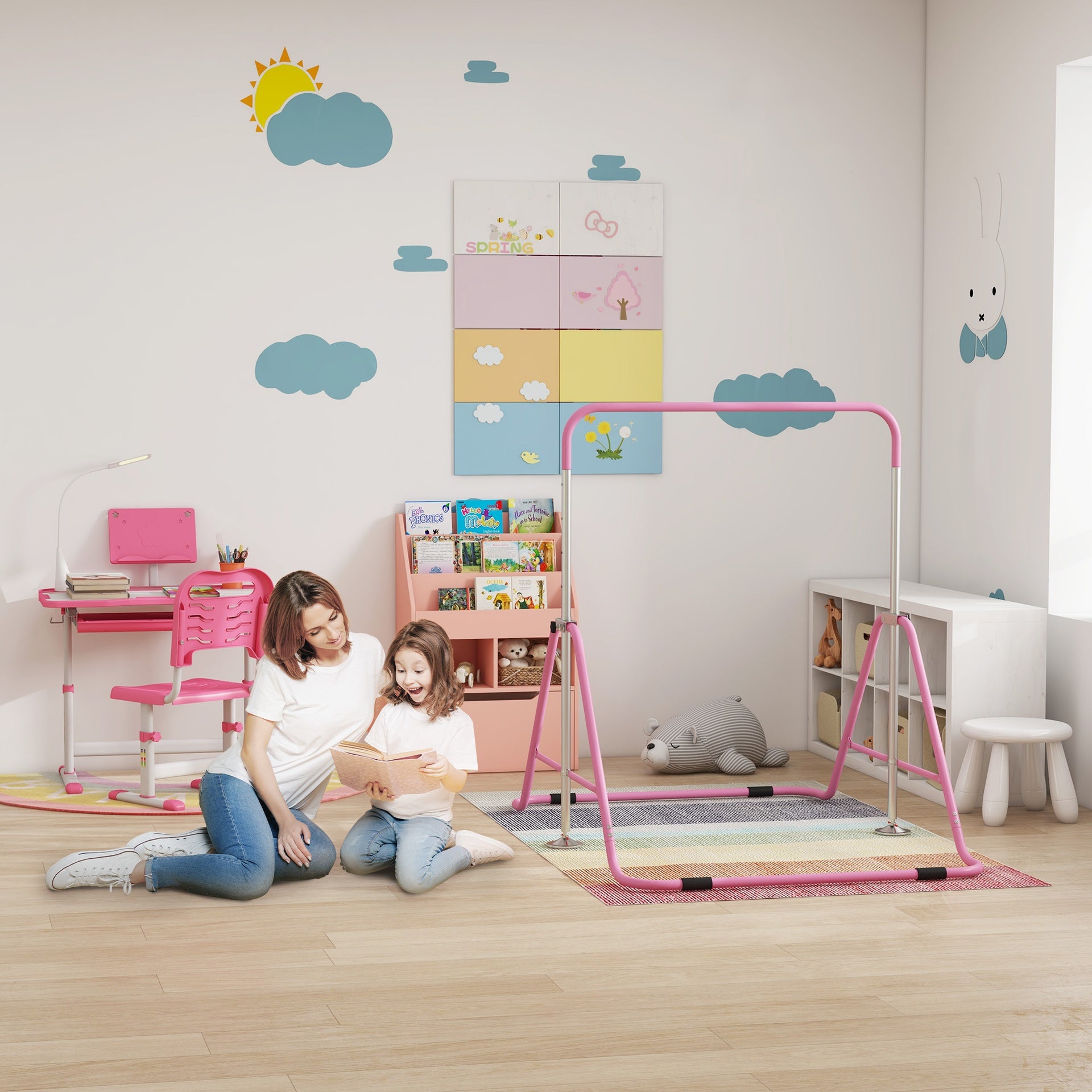Qaba Folding Gymnastics Bar for Kids, Adjustable Height, Bubble Gum Pink