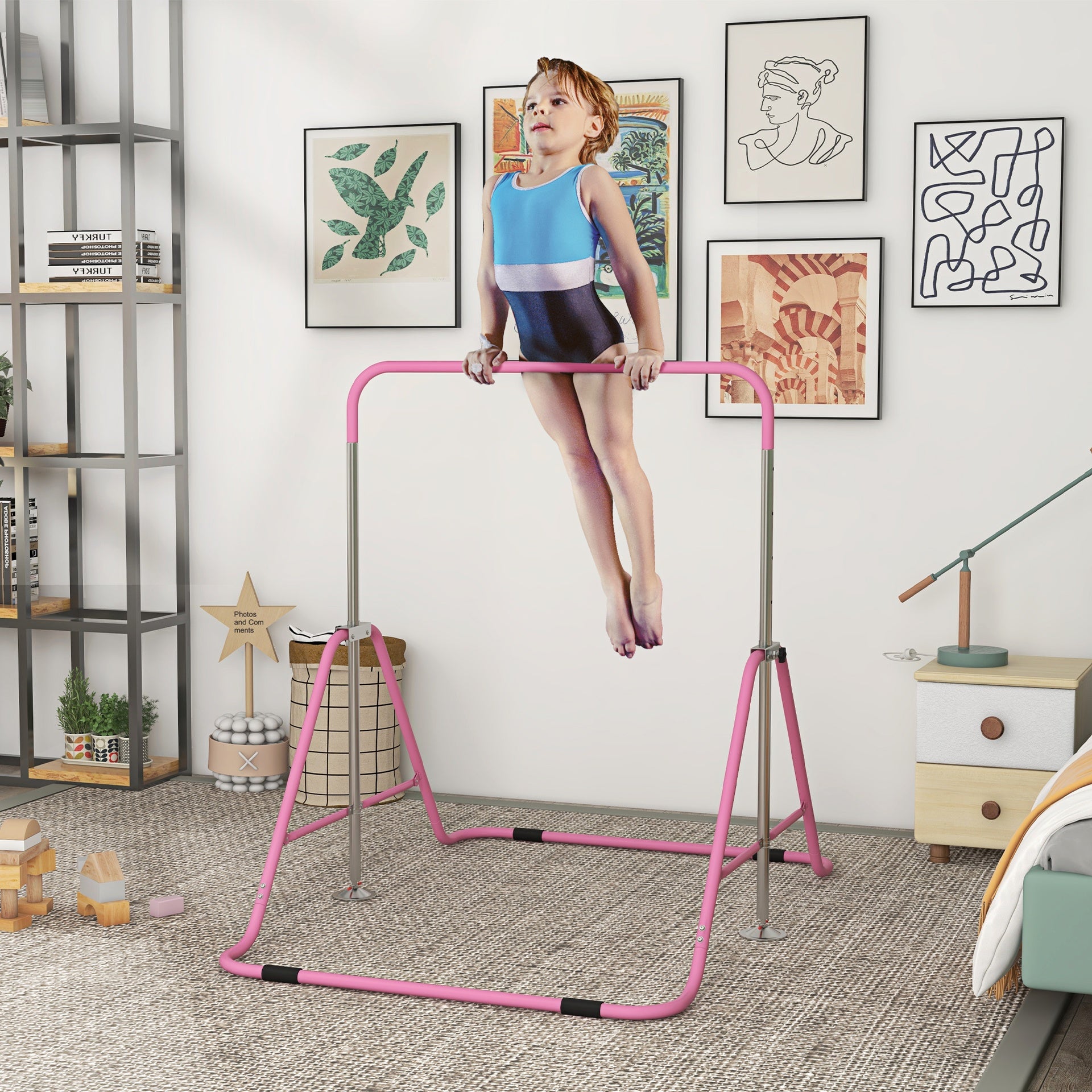 Qaba Folding Gymnastics Bar for Kids, Adjustable Height, Bubble Gum Pink