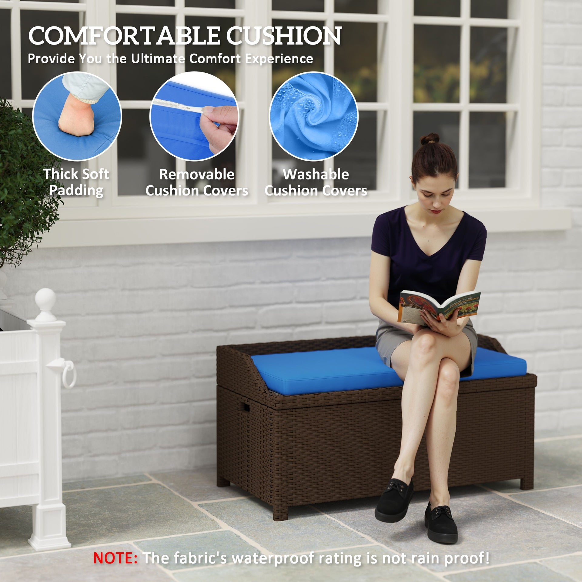 Outsunny Outdoor Wicker Storage Bench with Storage & Cushion, Blue