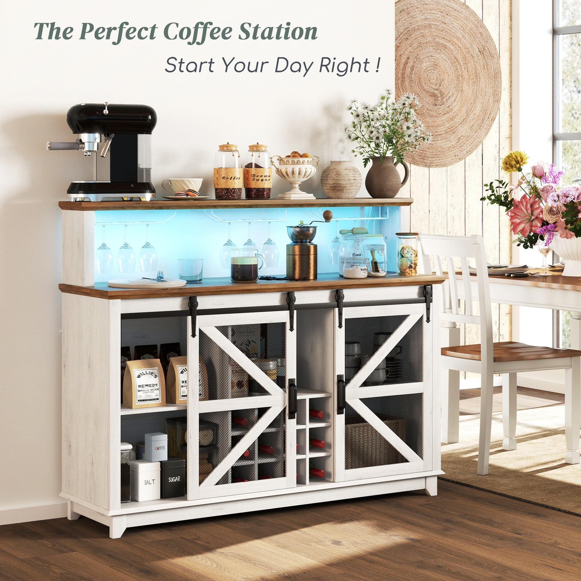 HOMCOM 55" Coffee Bar Cabinet with Lights, Farmhouse Wine Cabinet with Wine and Glass Racks for Kitchen, Dining Room, White