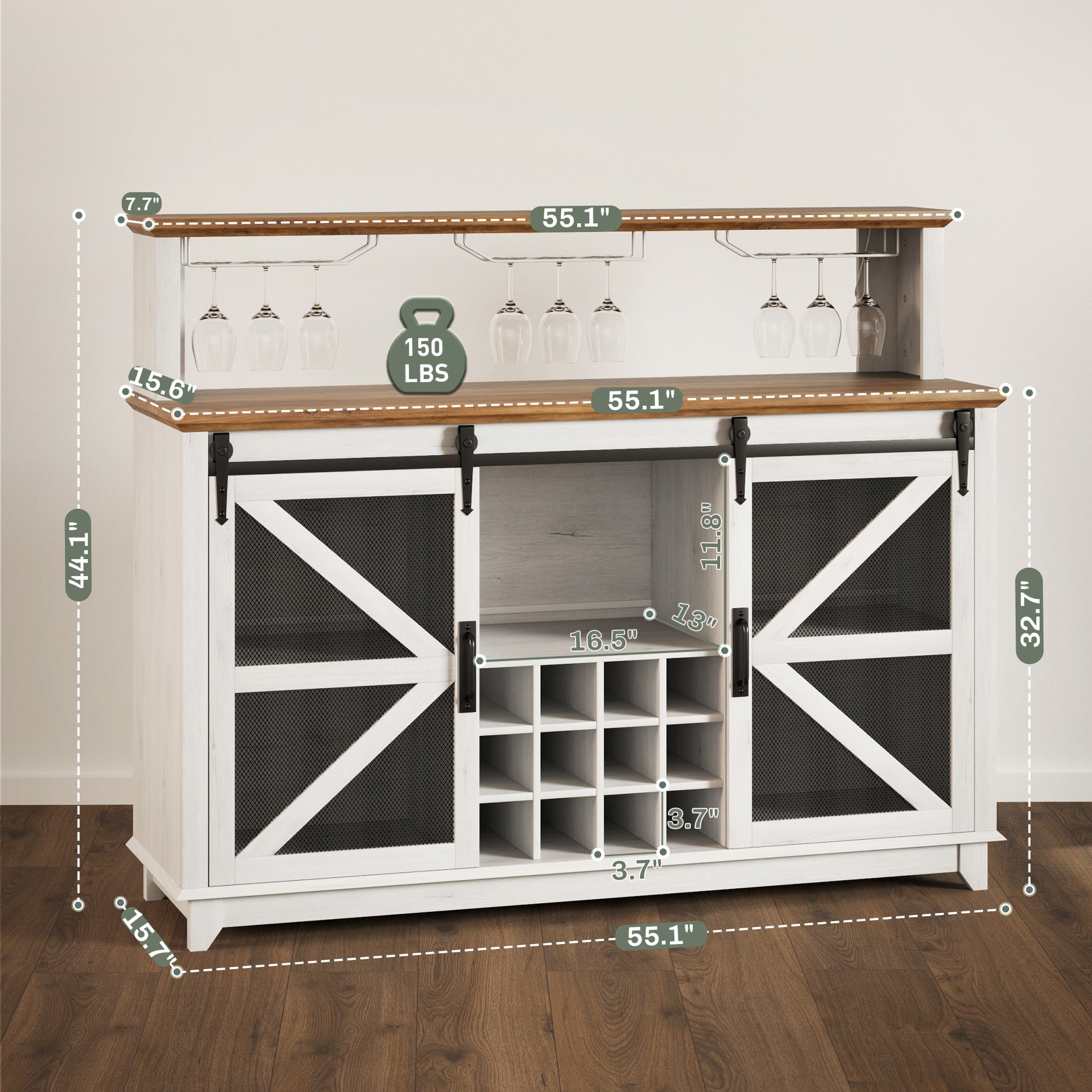 HOMCOM 55" Coffee Bar Cabinet with Lights, Farmhouse Wine Cabinet with Wine and Glass Racks for Kitchen, Dining Room, White