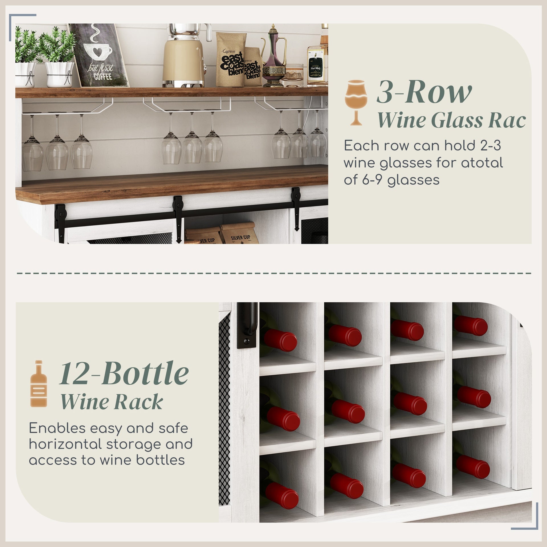 HOMCOM 55" Coffee Bar Cabinet with Lights, Farmhouse Wine Cabinet with Wine and Glass Racks for Kitchen, Dining Room, White