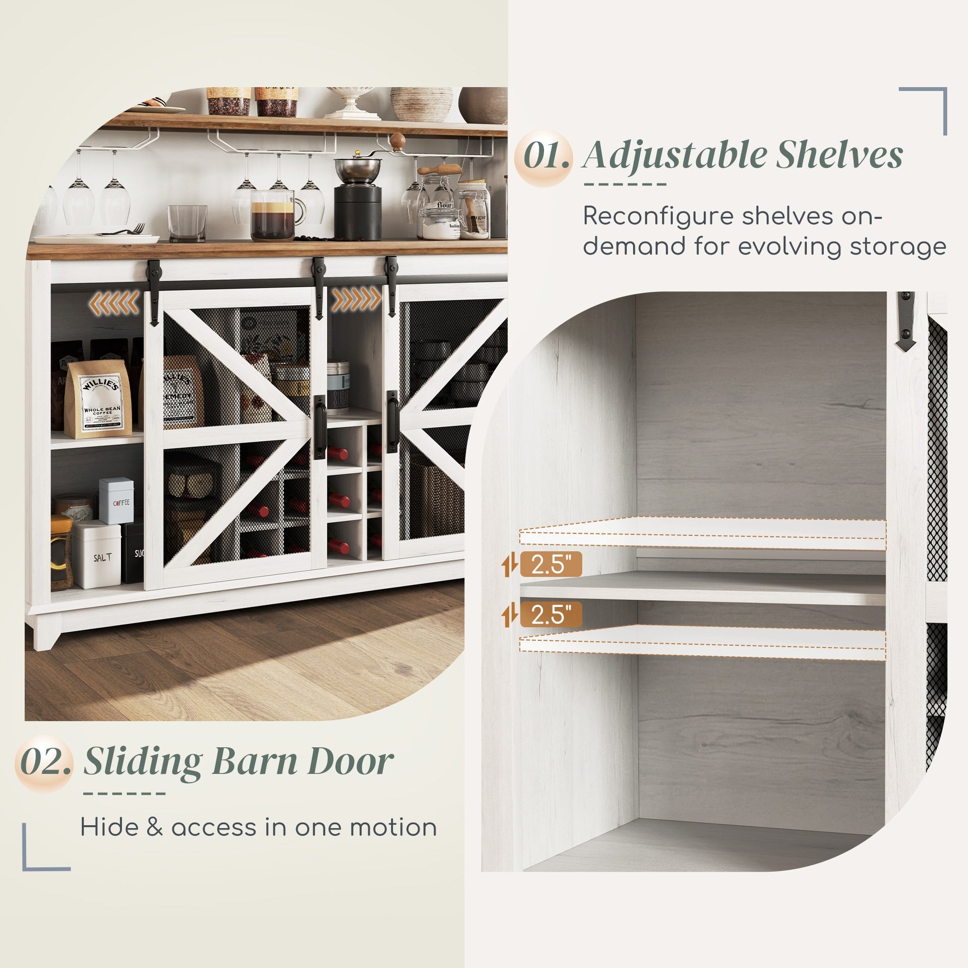 HOMCOM 55" Coffee Bar Cabinet with Lights, Farmhouse Wine Cabinet with Wine and Glass Racks for Kitchen, Dining Room, White