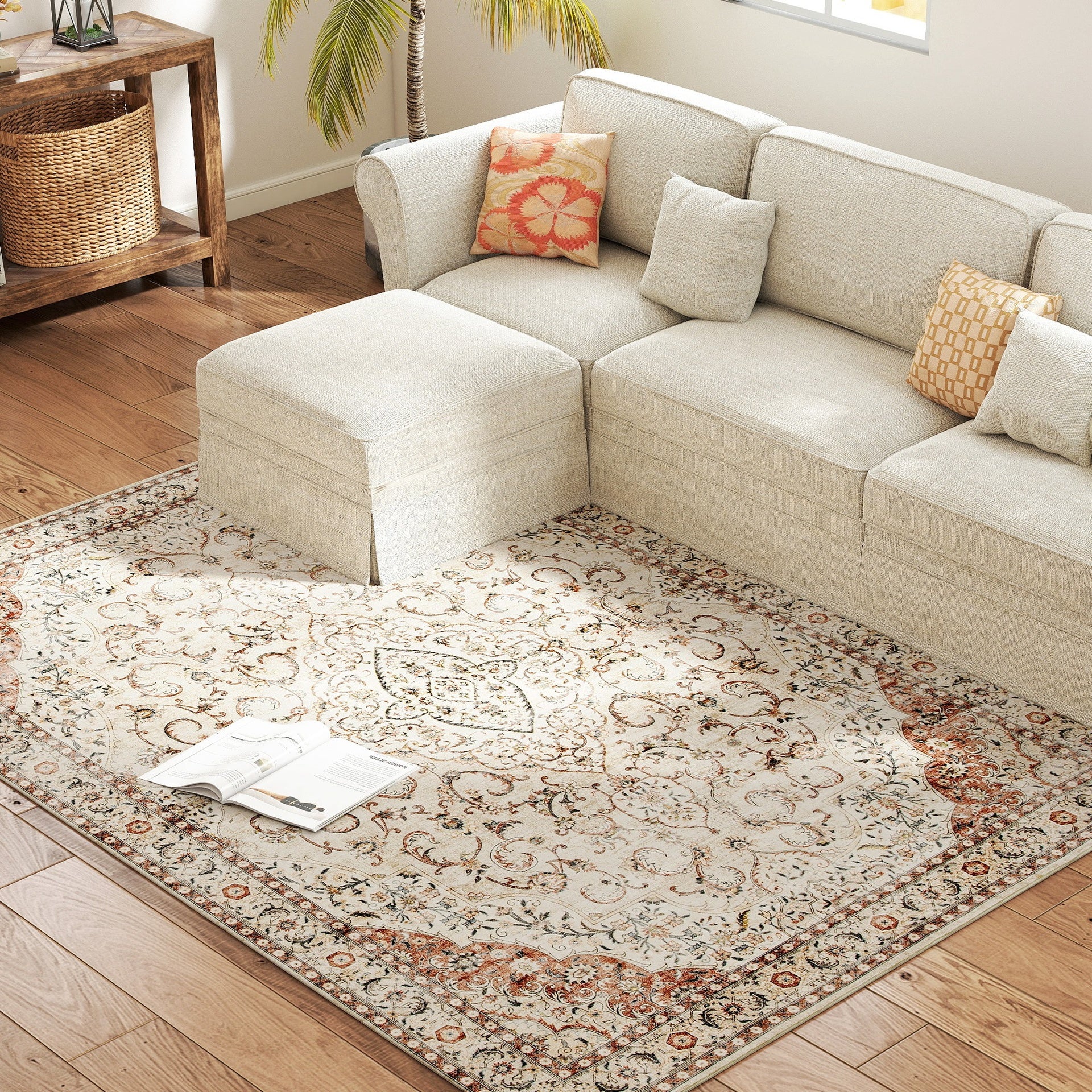 HOMCOM Area Rug 5x7, Machine Washable Rug, Non-Slip Classical Floral Print Floor Carpet for Living Room, Bedroom, Mixed-Brown
