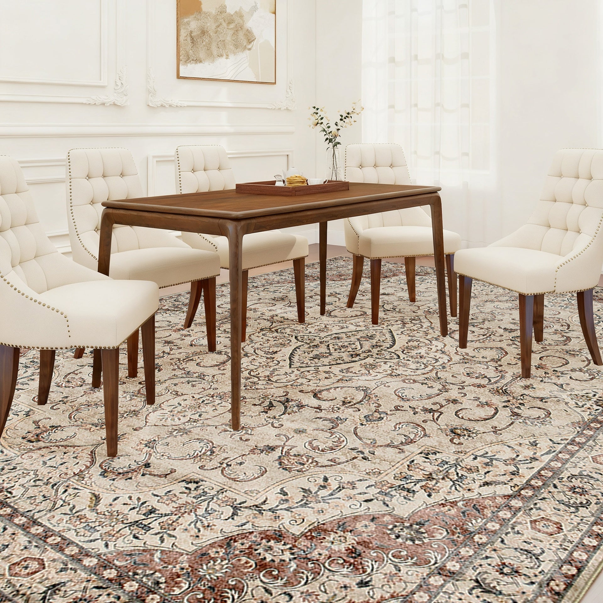 HOMCOM Area Rug 5x7, Machine Washable Rug, Non-Slip Classical Floral Print Floor Carpet for Living Room, Bedroom, Mixed-Brown