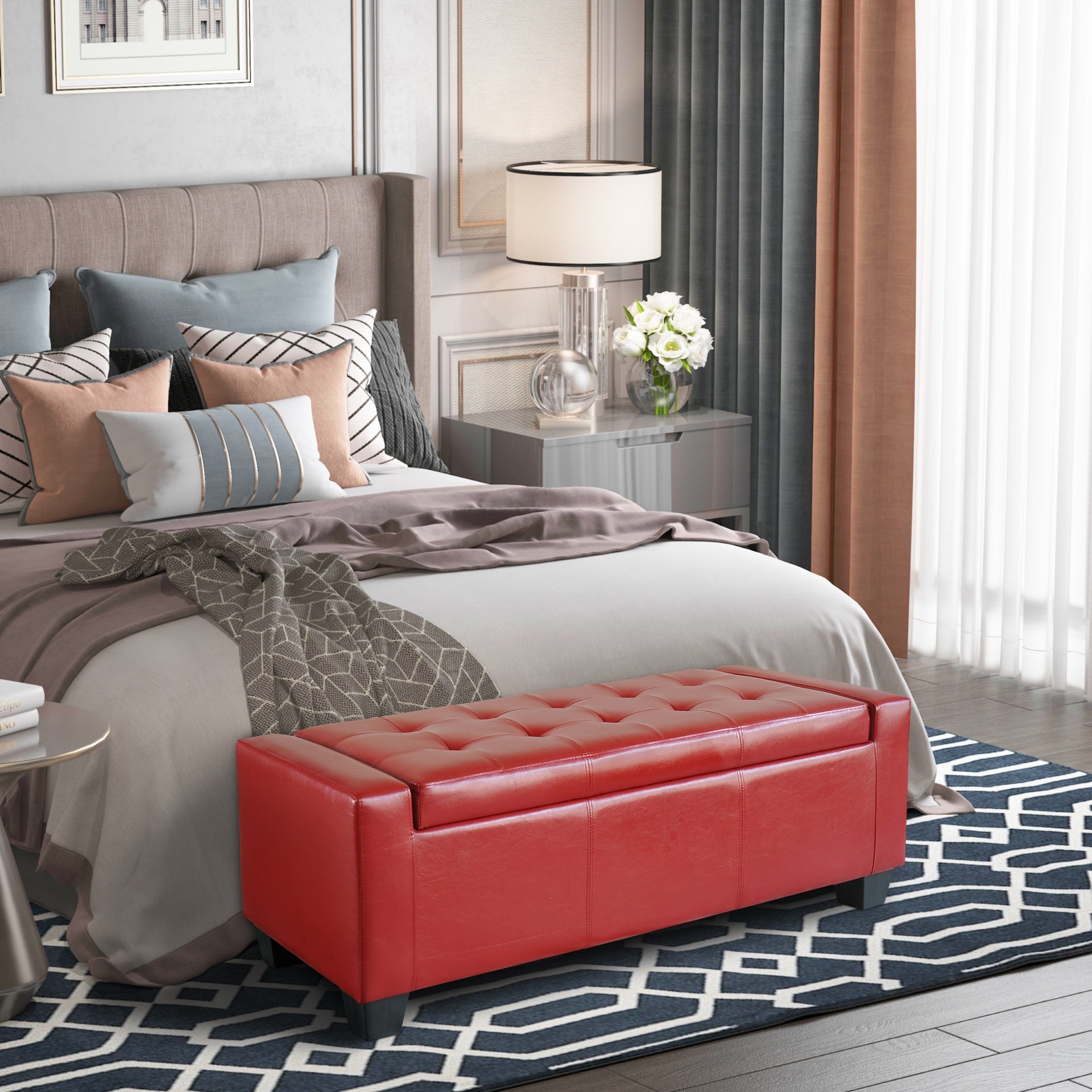 HOMCOM 50.5" Faux Leather Rectangular Tufted Storage Ottoman, Bright Red