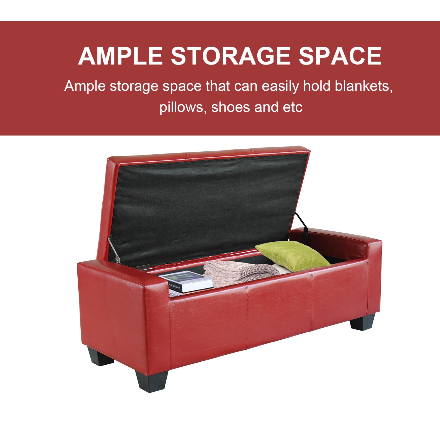 HOMCOM 50.5" Faux Leather Rectangular Tufted Storage Ottoman, Bright Red