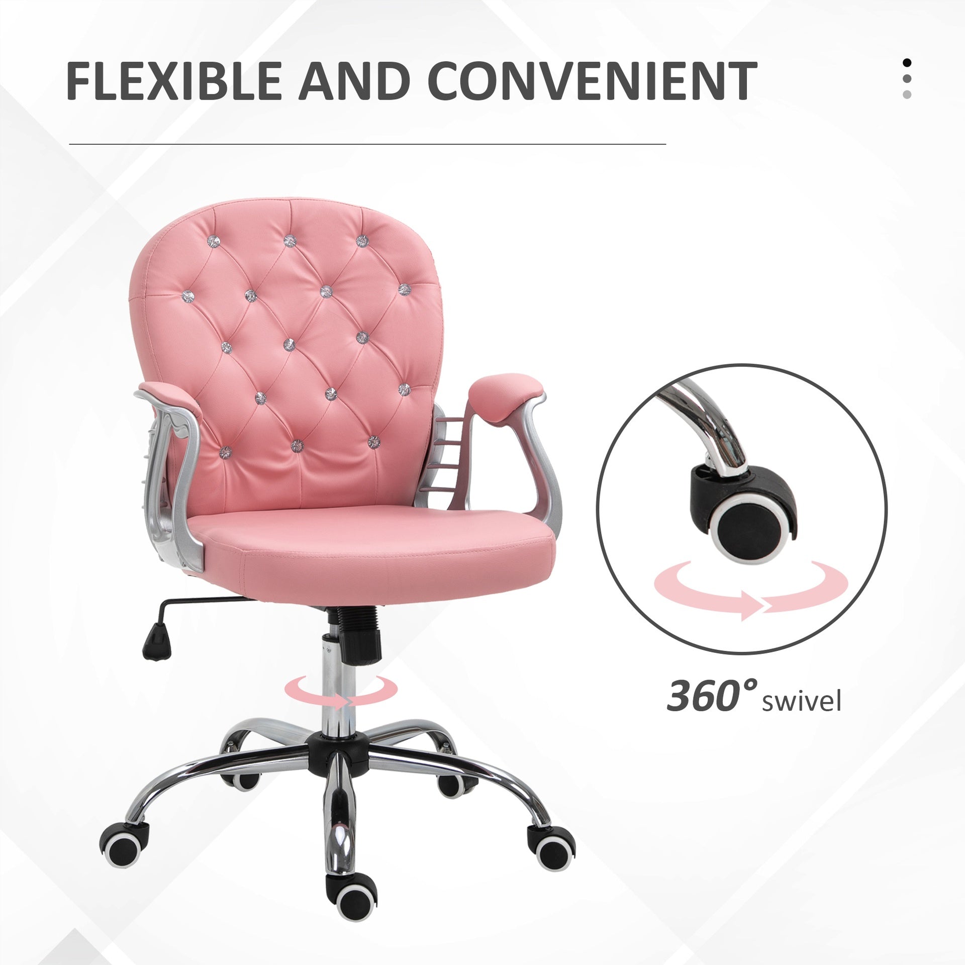 Vinsetto Makeup Vanity Chair, PU Leather Computer Task Chair with Button Tufted, Padded Armrests, Adjustable Height and Swivel Wheels, Pink