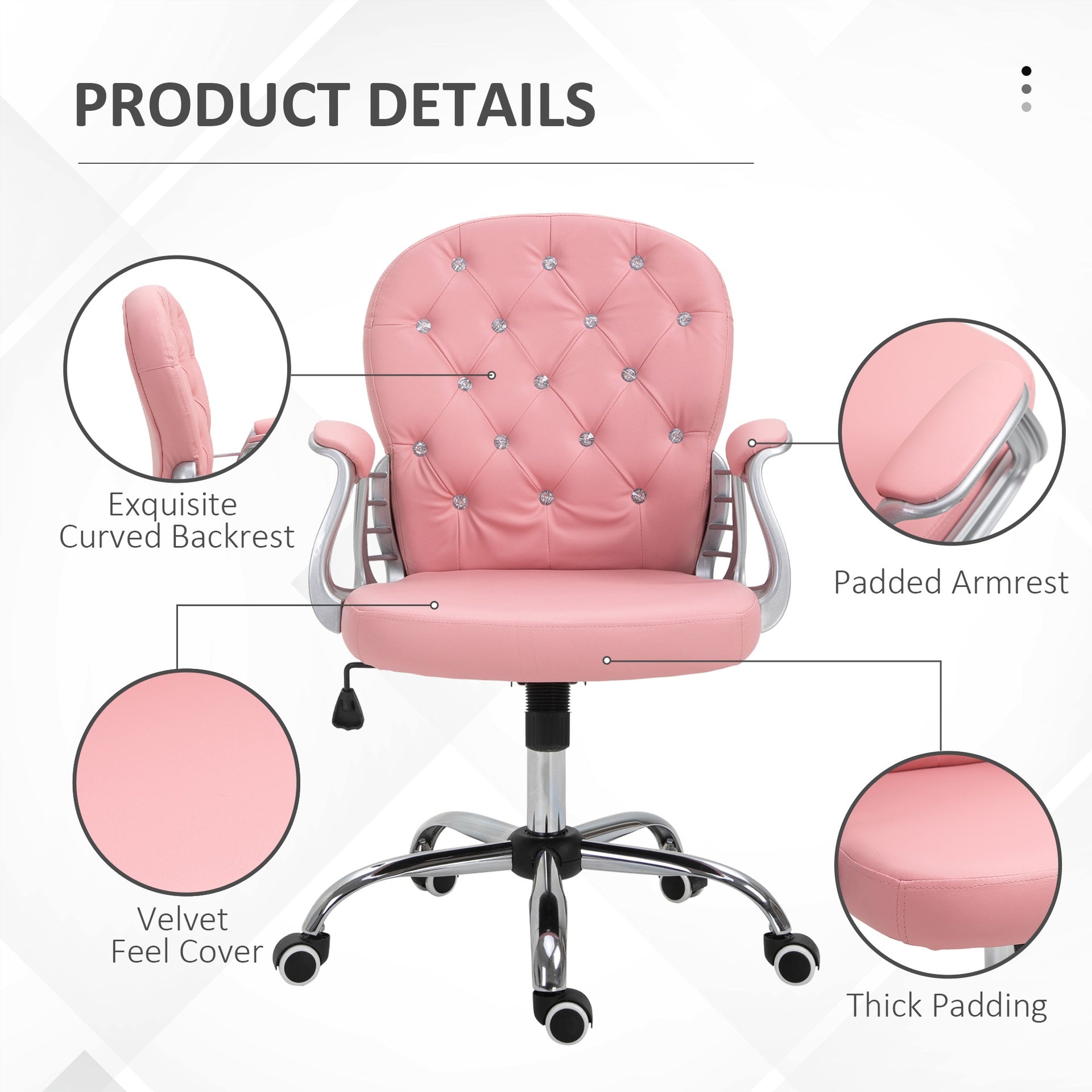 Vinsetto Makeup Vanity Chair, PU Leather Computer Task Chair with Button Tufted, Padded Armrests, Adjustable Height and Swivel Wheels, Pink
