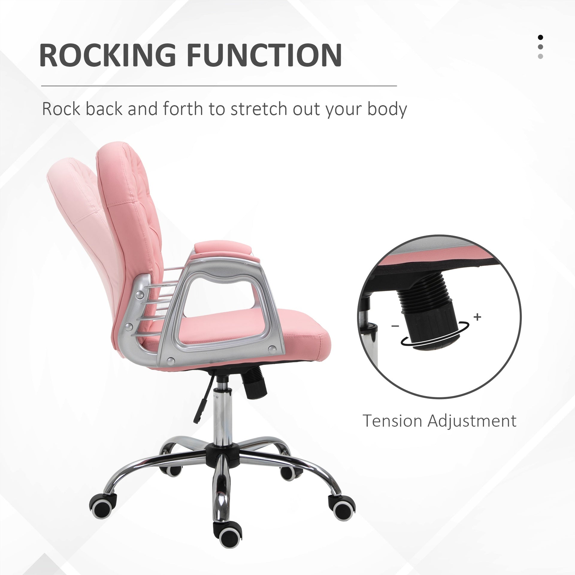 Vinsetto Makeup Vanity Chair, PU Leather Computer Task Chair with Button Tufted, Padded Armrests, Adjustable Height and Swivel Wheels, Pink