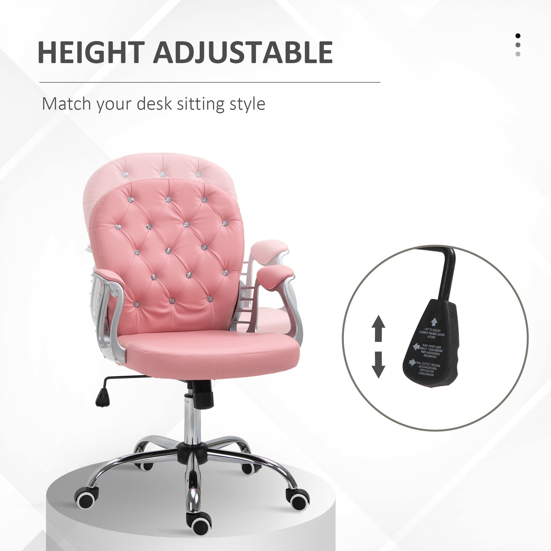 Vinsetto Makeup Vanity Chair, PU Leather Computer Task Chair with Button Tufted, Padded Armrests, Adjustable Height and Swivel Wheels, Pink