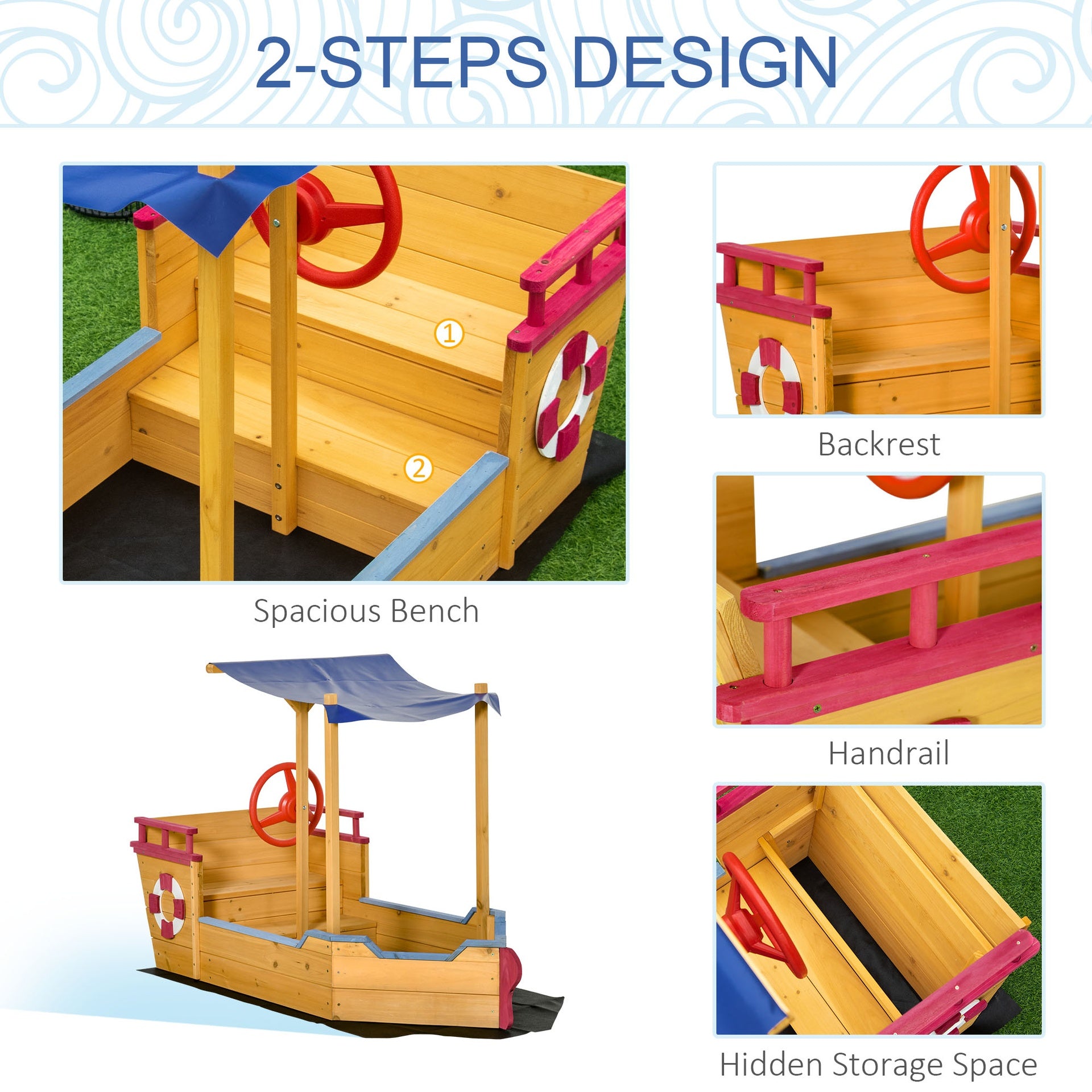 Outsunny Kids Wooden Sandbox, w/ Canopy Bench Seat Storage Space, Aged 3-8 Years Old