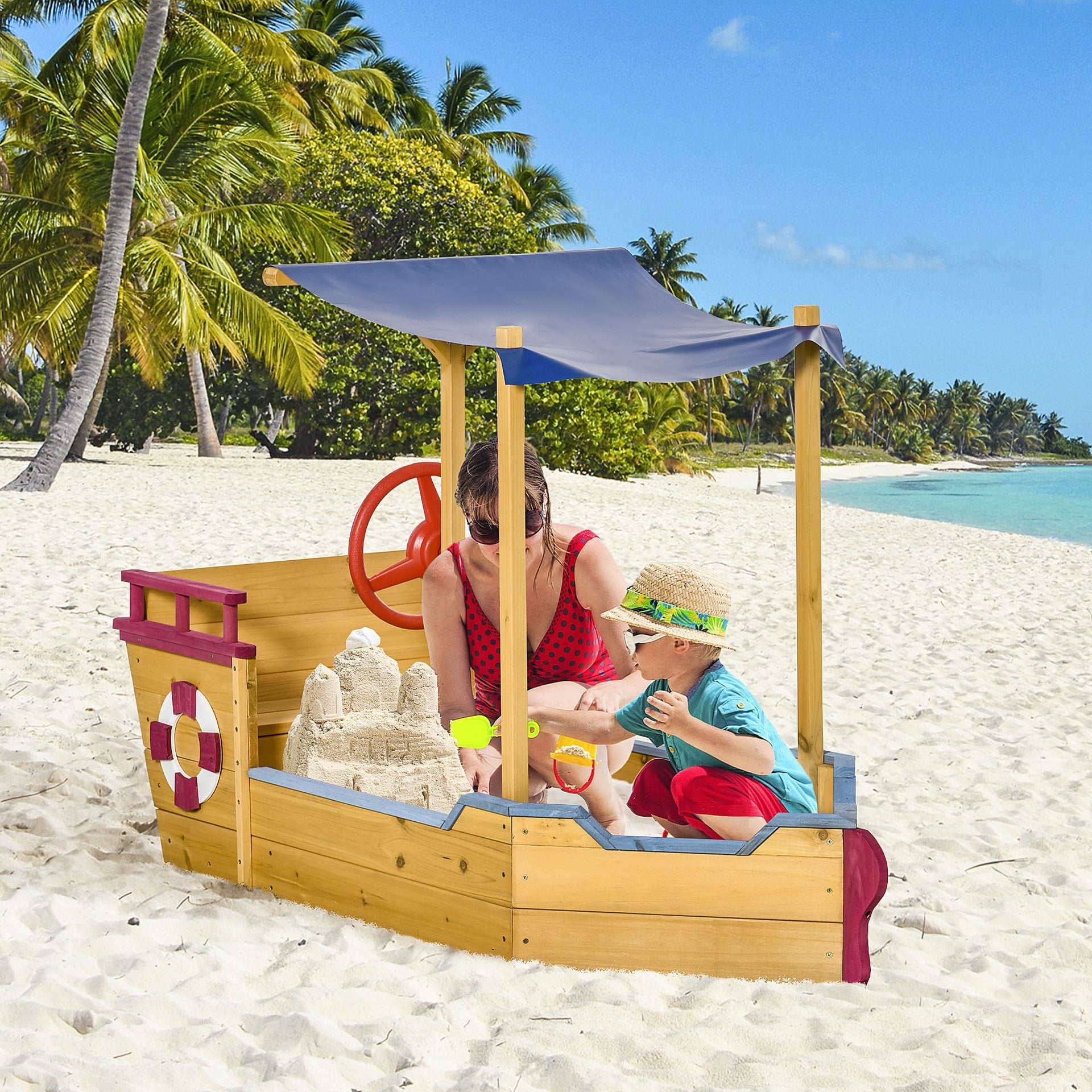 Outsunny Kids Wooden Sandbox, w/ Canopy Bench Seat Storage Space, Aged 3-8 Years Old