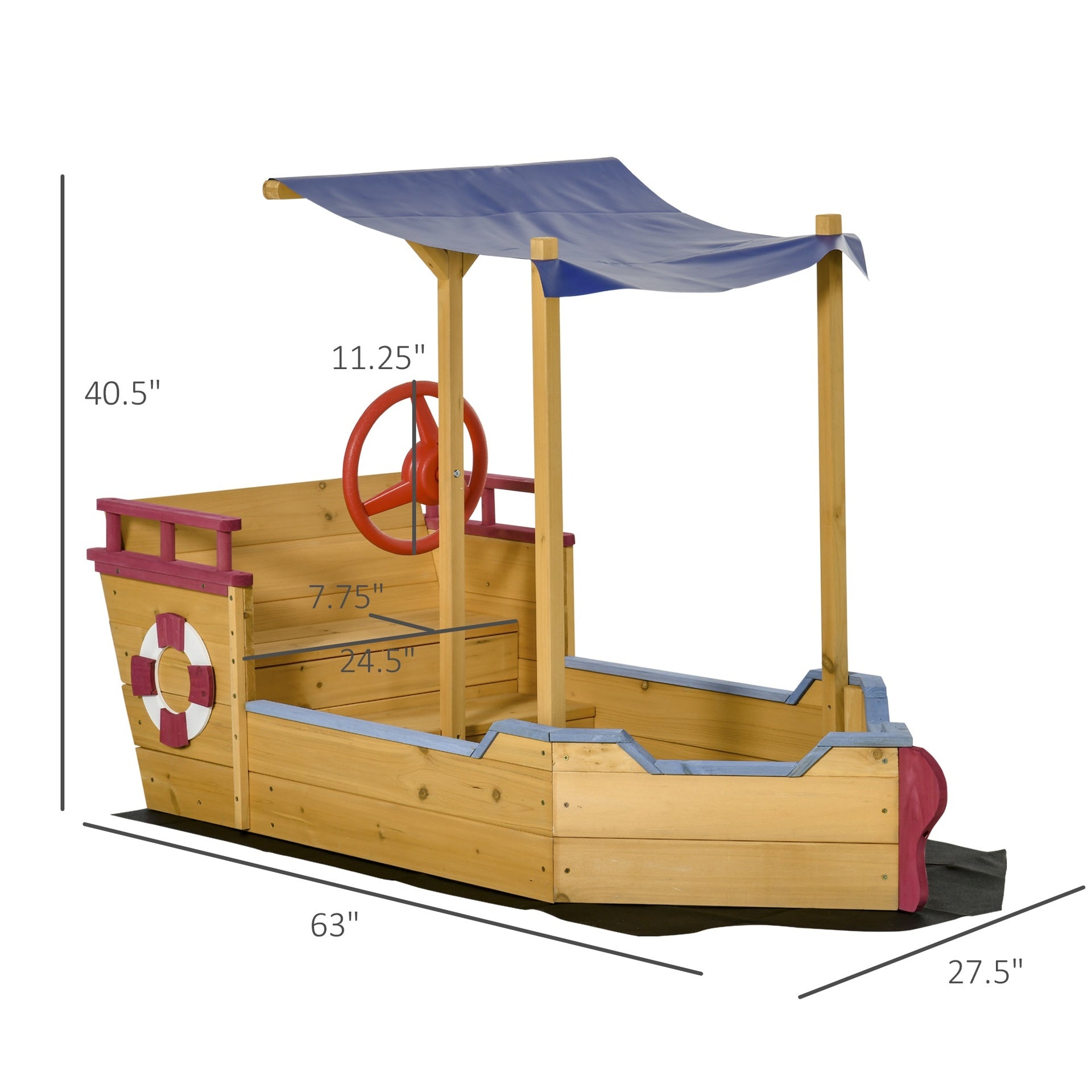 Outsunny Kids Wooden Sandbox, w/ Canopy Bench Seat Storage Space, Aged 3-8 Years Old