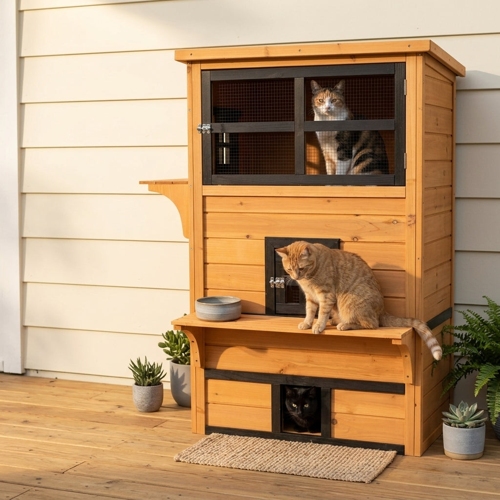 PawHut Outdoor Cat House, 3-Tier Kitty Shelter with 5 Escape Doors, Weather Resistant, Yellow & Black
