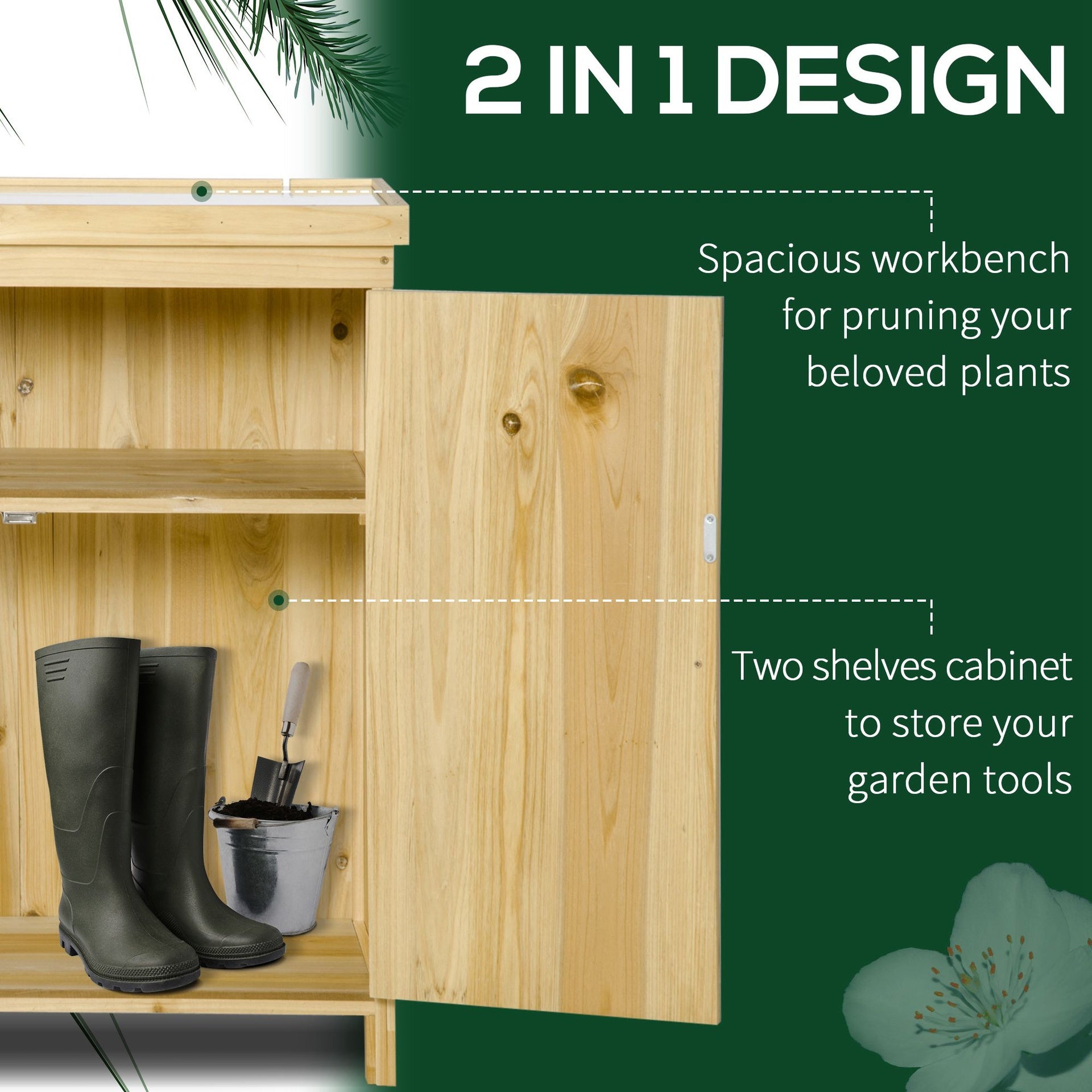 Outsunny Garden Storage Cabinet, Outdoor Tool Shed with Galvanized Top and Two Shelves for Yard Tools or Pool Accessories, Natural