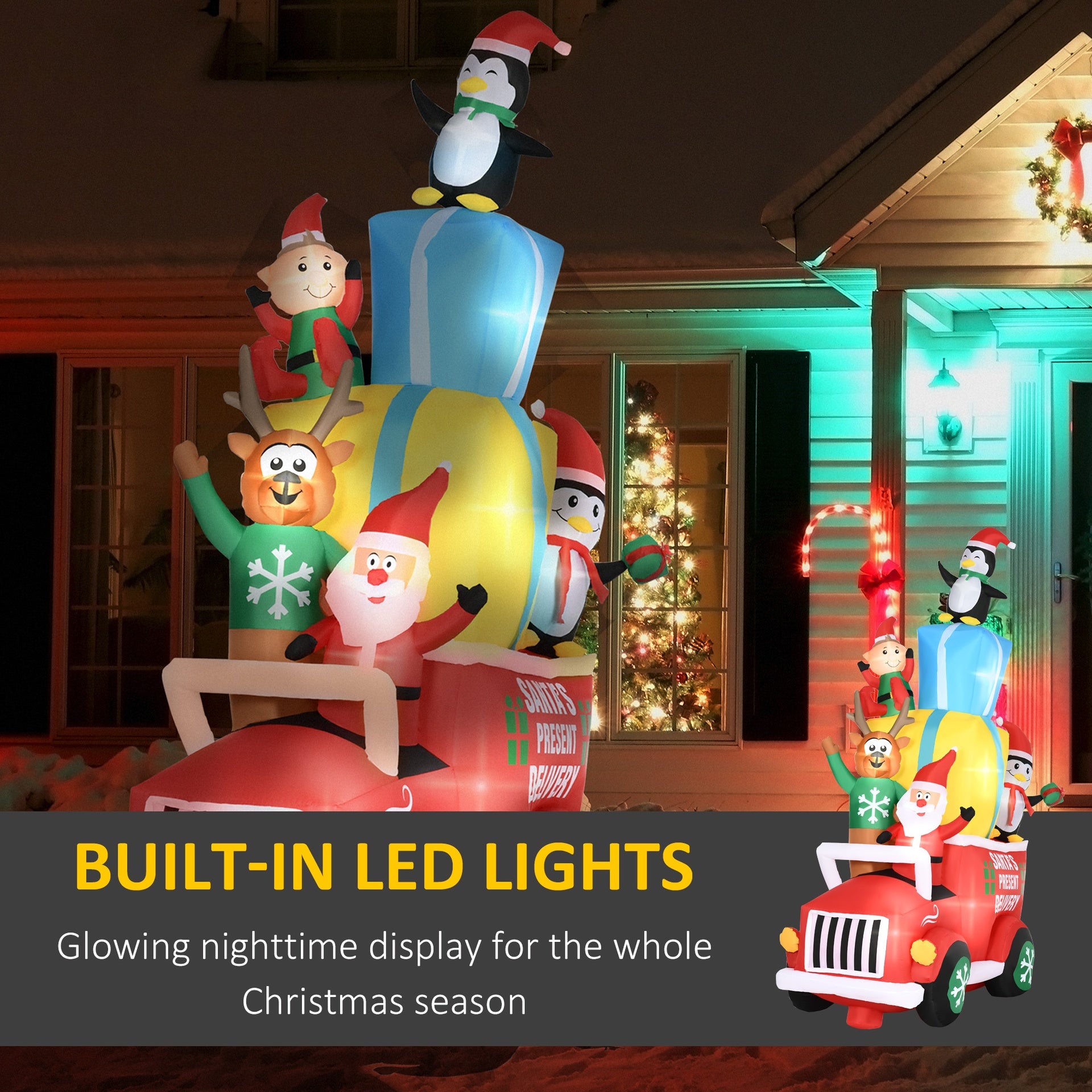 Outsunny 9ft Christmas Inflatables Outdoor Decorations Santa Claus Drives a Gift Car with Elk, Elf and Two Penguins, Blow-Up LED Yard Christmas Decor for Garden, Lawn