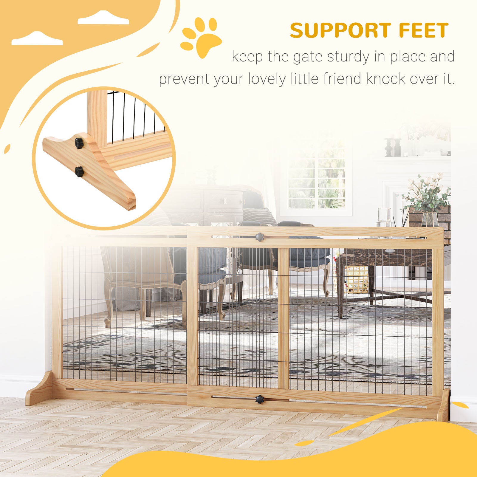 PawHut 71" W x 27" H Extra Wide Freestanding Pet Gate with Adjustable Length Dog, Cat, Barrier for House, Doorway, Hallway, Natural