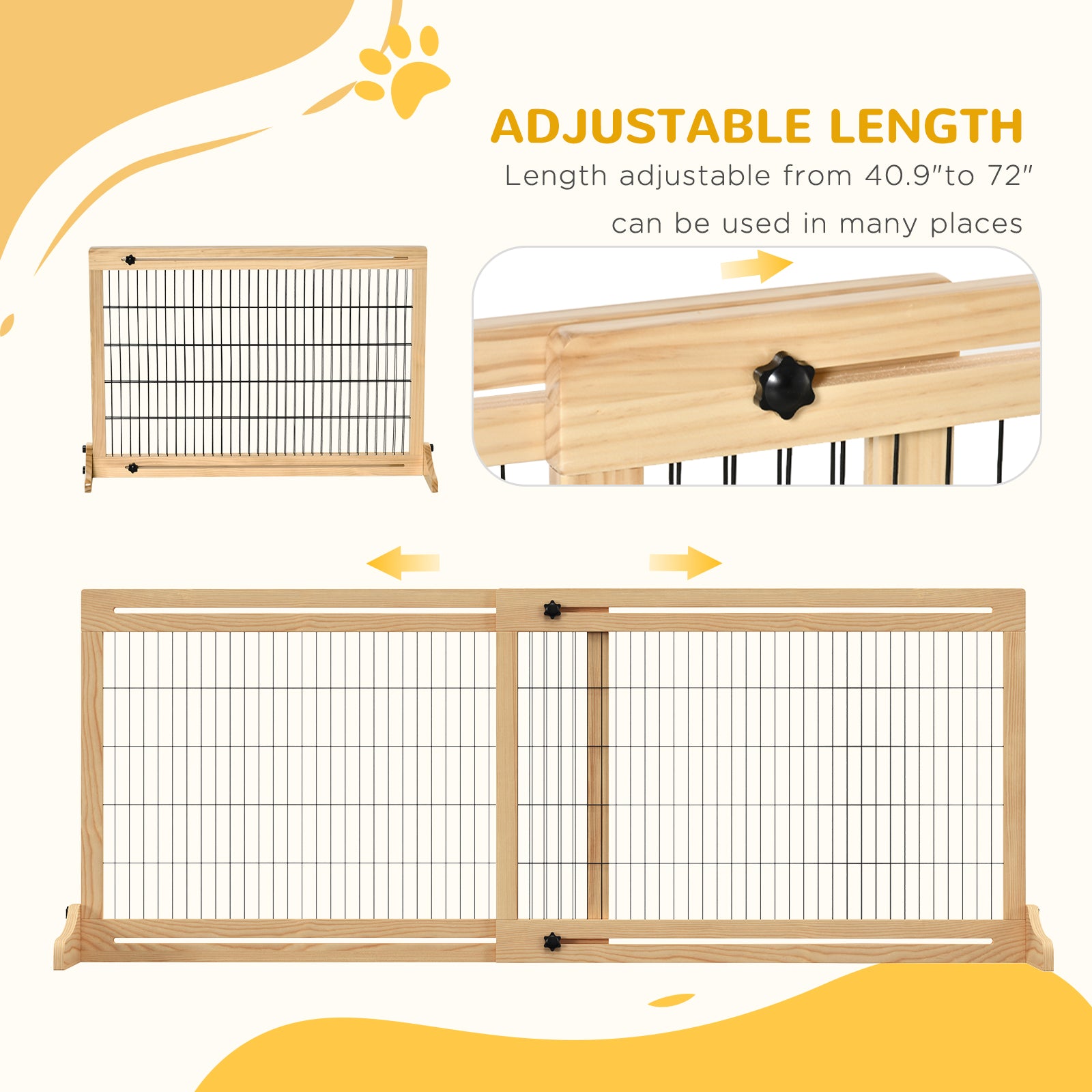 PawHut 71" W x 27" H Extra Wide Freestanding Pet Gate with Adjustable Length Dog, Cat, Barrier for House, Doorway, Hallway, Natural