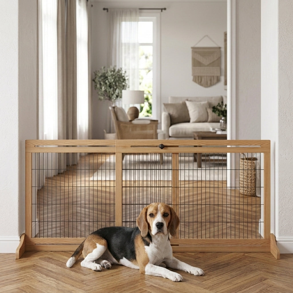 PawHut 71" W x 27" H Extra Wide Freestanding Pet Gate with Adjustable Length Dog, Cat, Barrier for House, Doorway, Hallway, Natural