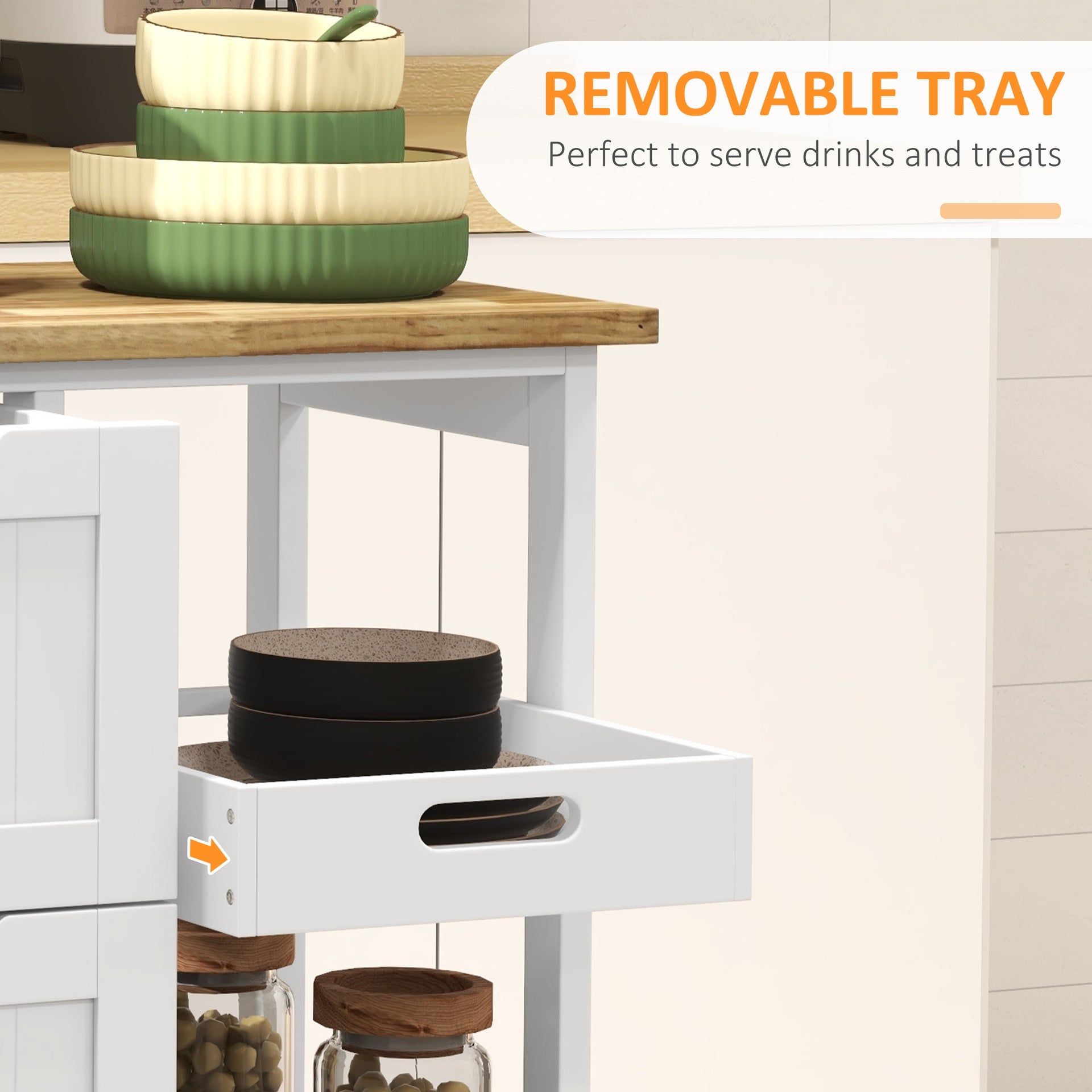 HOMCOM Rolling Kitchen Cart, Kitchen Island with Wood Top, Shelves & Drawers for Dining Area, White