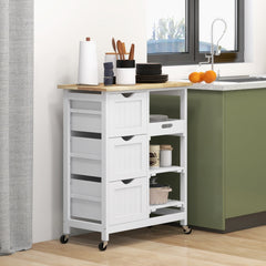 HOMCOM Rolling Kitchen Cart, Kitchen Island with Wood Top, Shelves & Drawers for Dining Area, White