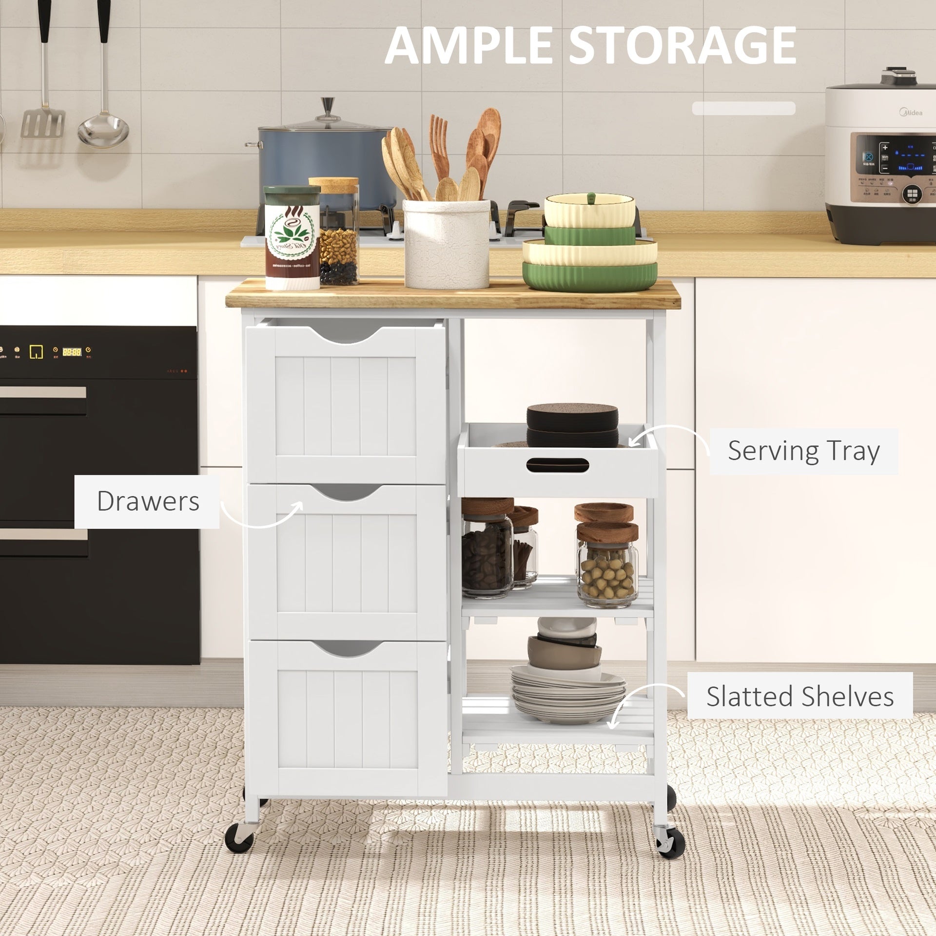 HOMCOM Rolling Kitchen Cart, Kitchen Island with Wood Top, Shelves & Drawers for Dining Area, White