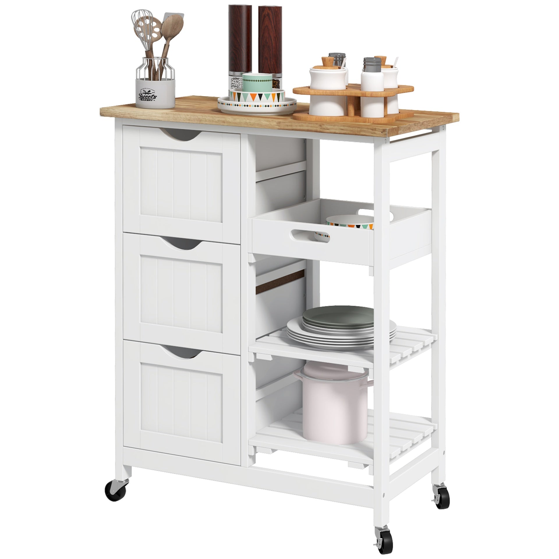 HOMCOM Rolling Kitchen Cart, Kitchen Island with Wood Top, Shelves & Drawers for Dining Area, White