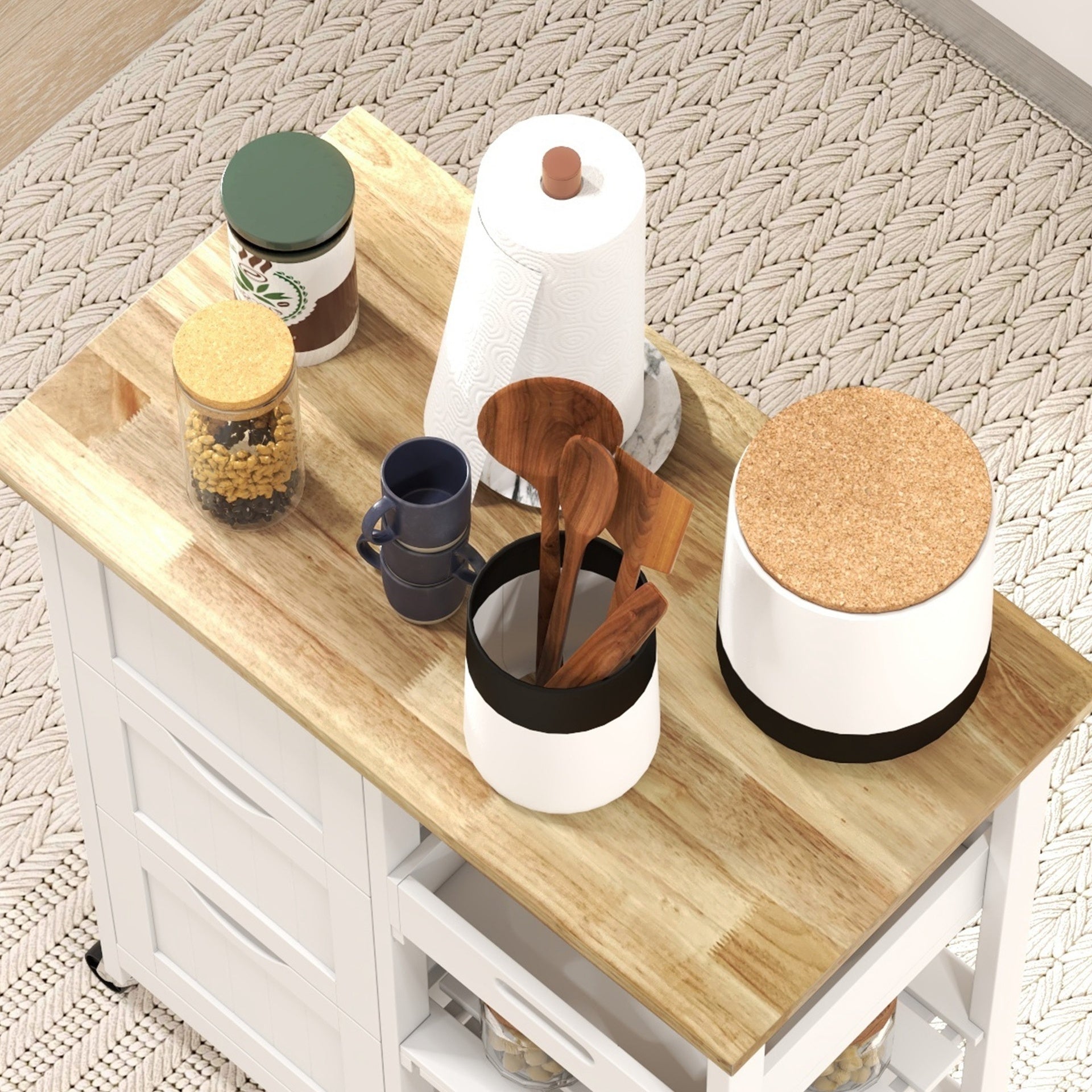 HOMCOM Rolling Kitchen Cart, Kitchen Island with Wood Top, Shelves & Drawers for Dining Area, White