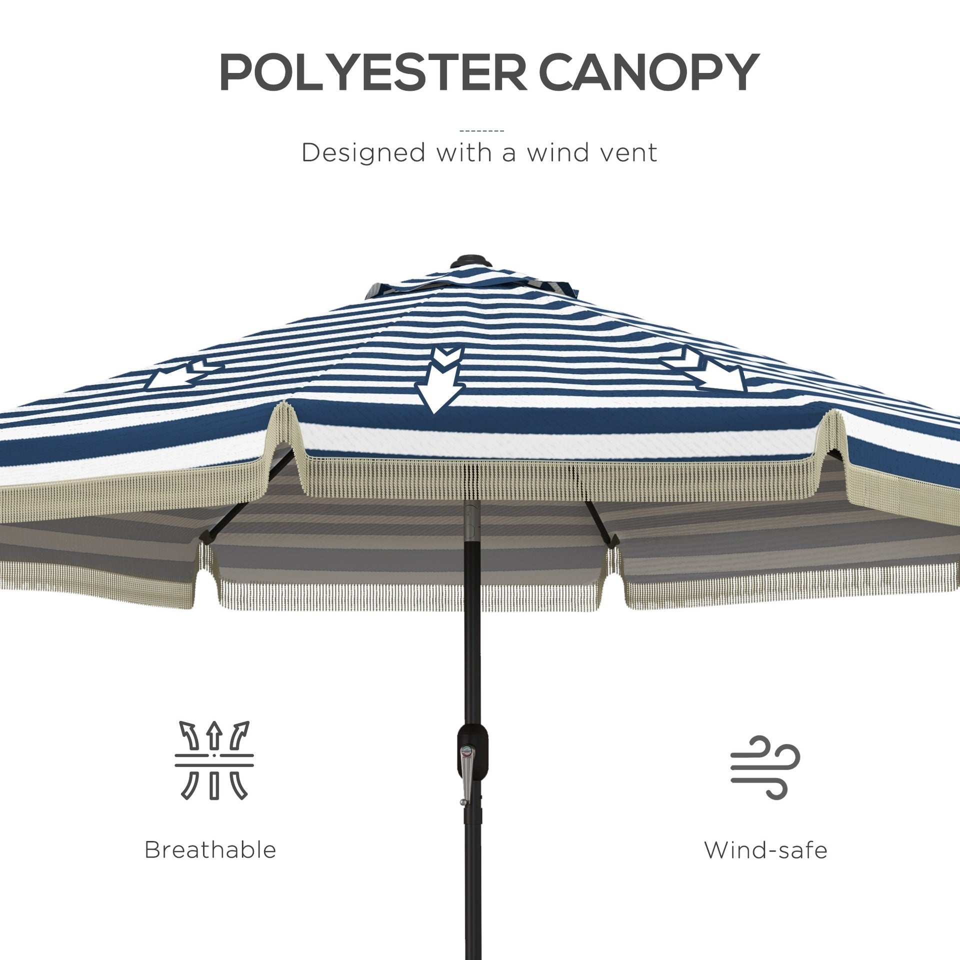 Outsunny 9ft Patio Umbrella Outdoor Table Umbrella w/ Tilt, Crank, Ruffled, 8 Ribs for Garden, Deck, Pool, Blue Stripe