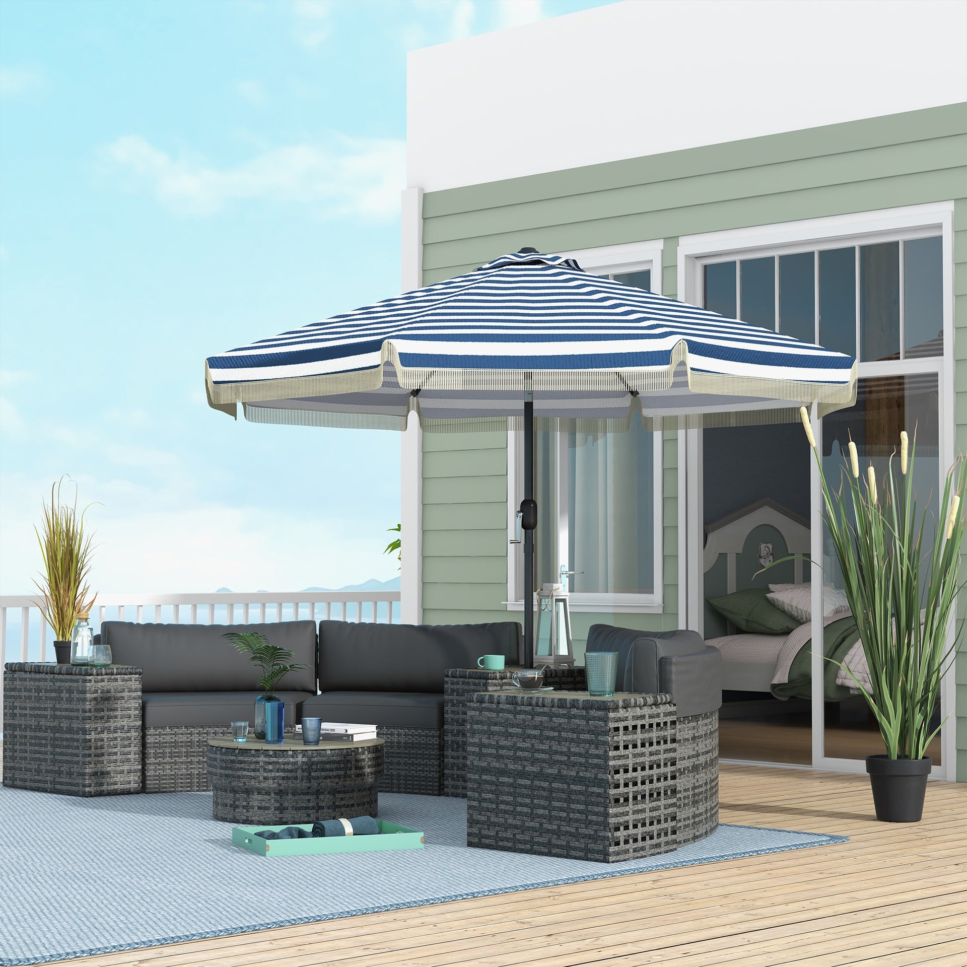 Outsunny 9ft Patio Umbrella Outdoor Table Umbrella w/ Tilt, Crank, Ruffled, 8 Ribs for Garden, Deck, Pool, Blue Stripe