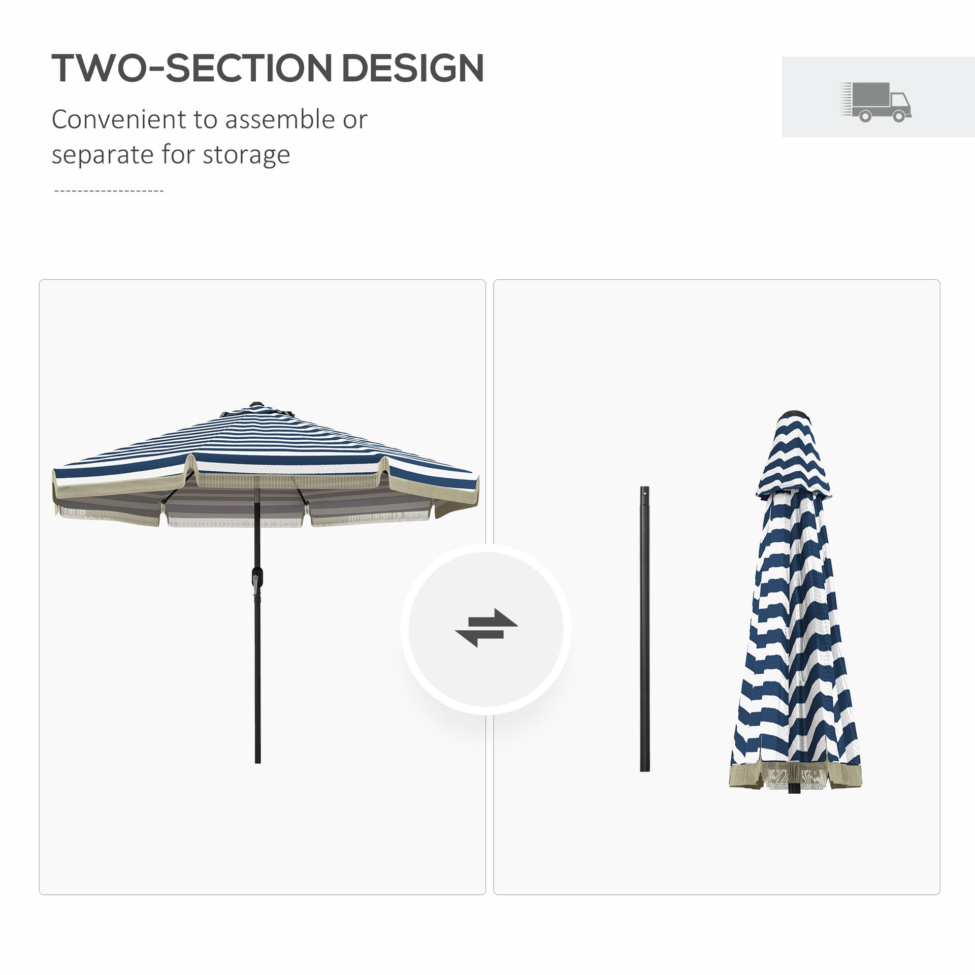 Outsunny 9ft Patio Umbrella Outdoor Table Umbrella w/ Tilt, Crank, Ruffled, 8 Ribs for Garden, Deck, Pool, Blue Stripe