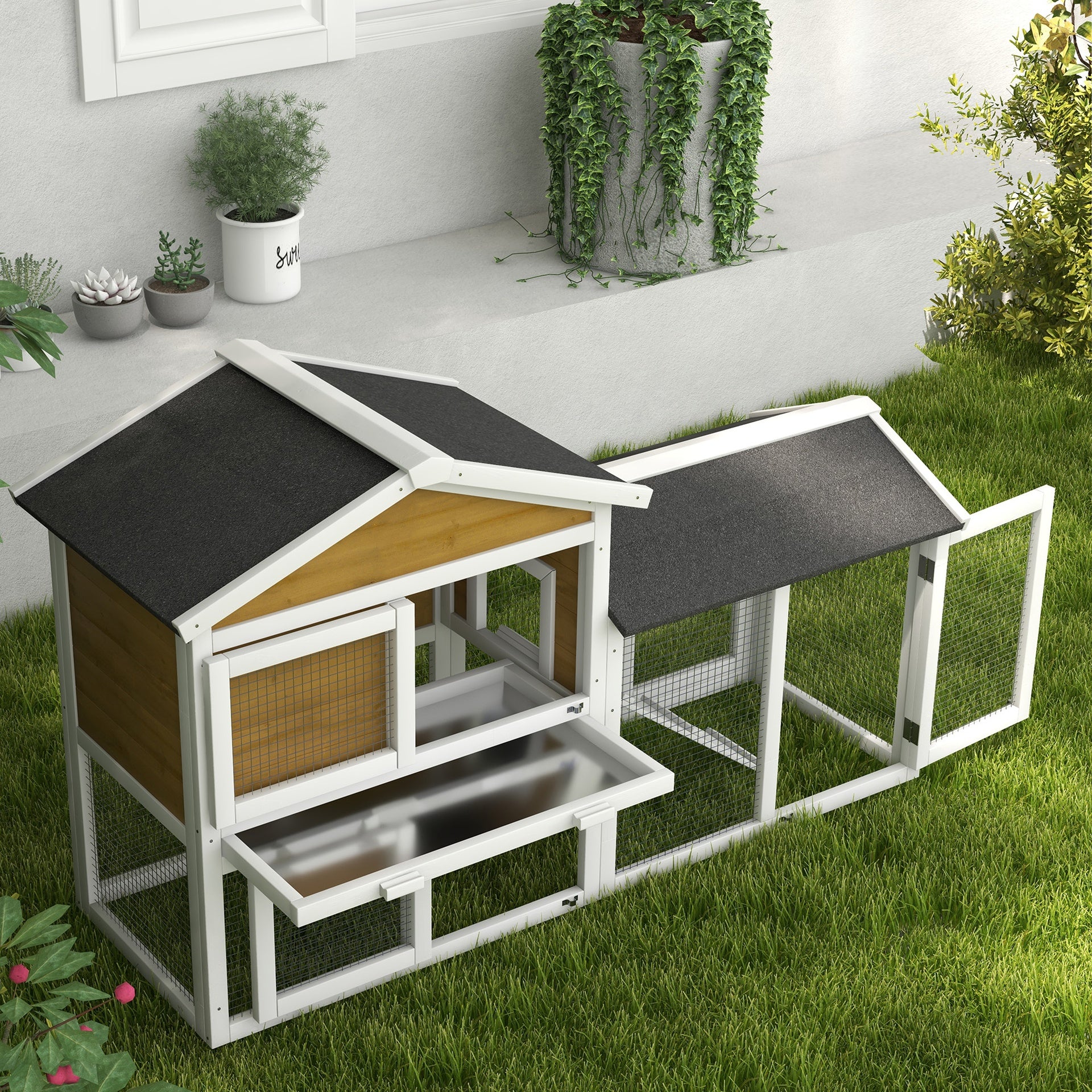 PawHut 58" Wooden Rabbit Hutch with Run, Removable Tray, Asphalt Roof,  Lockable Doors and Ramp, Nature Wood