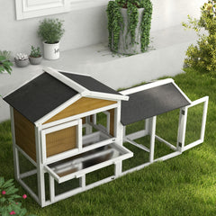 PawHut 58" Wooden Rabbit Hutch with Run, Removable Tray, Asphalt Roof,  Lockable Doors and Ramp, Nature Wood