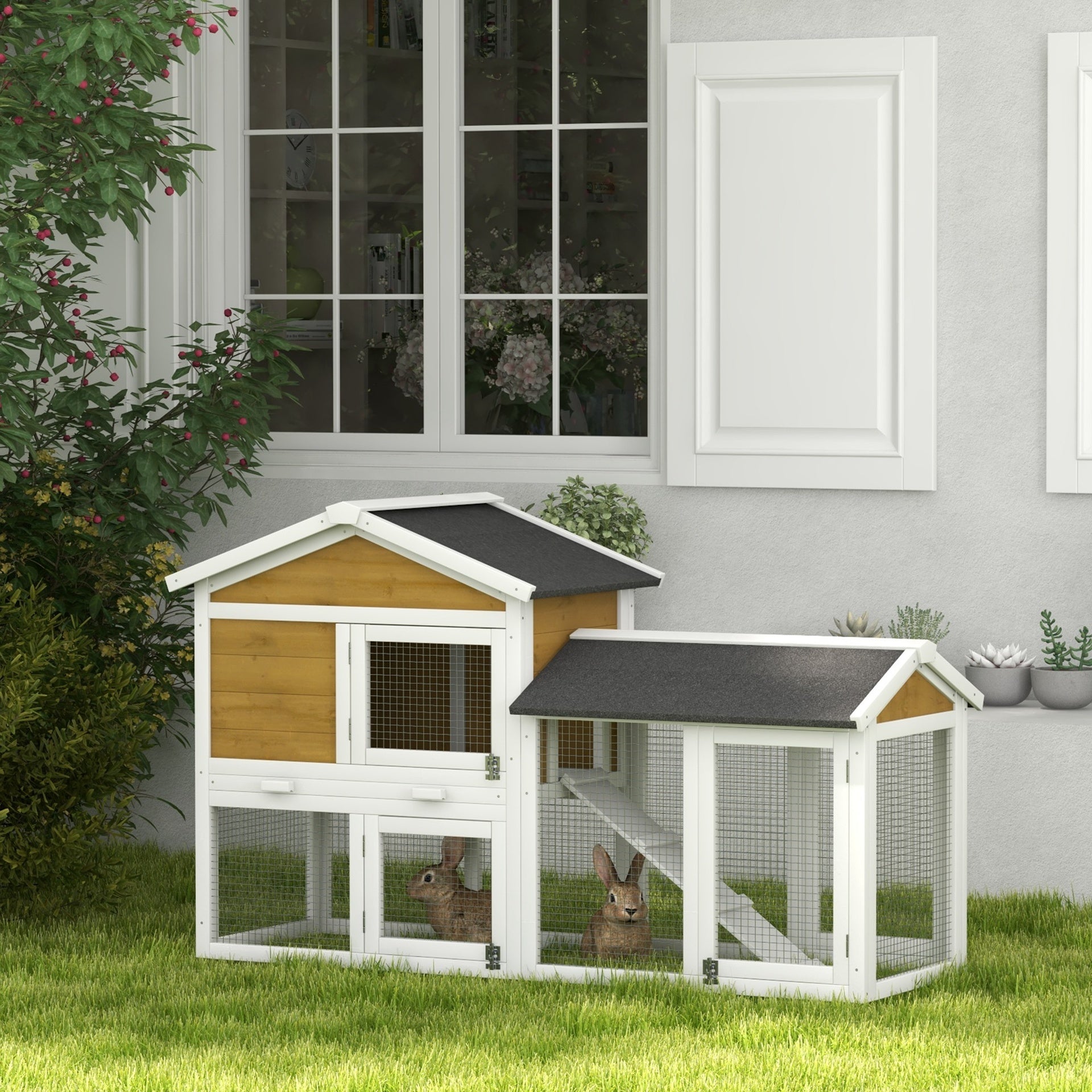 PawHut 58" Wooden Rabbit Hutch with Run, Removable Tray, Asphalt Roof,  Lockable Doors and Ramp, Nature Wood