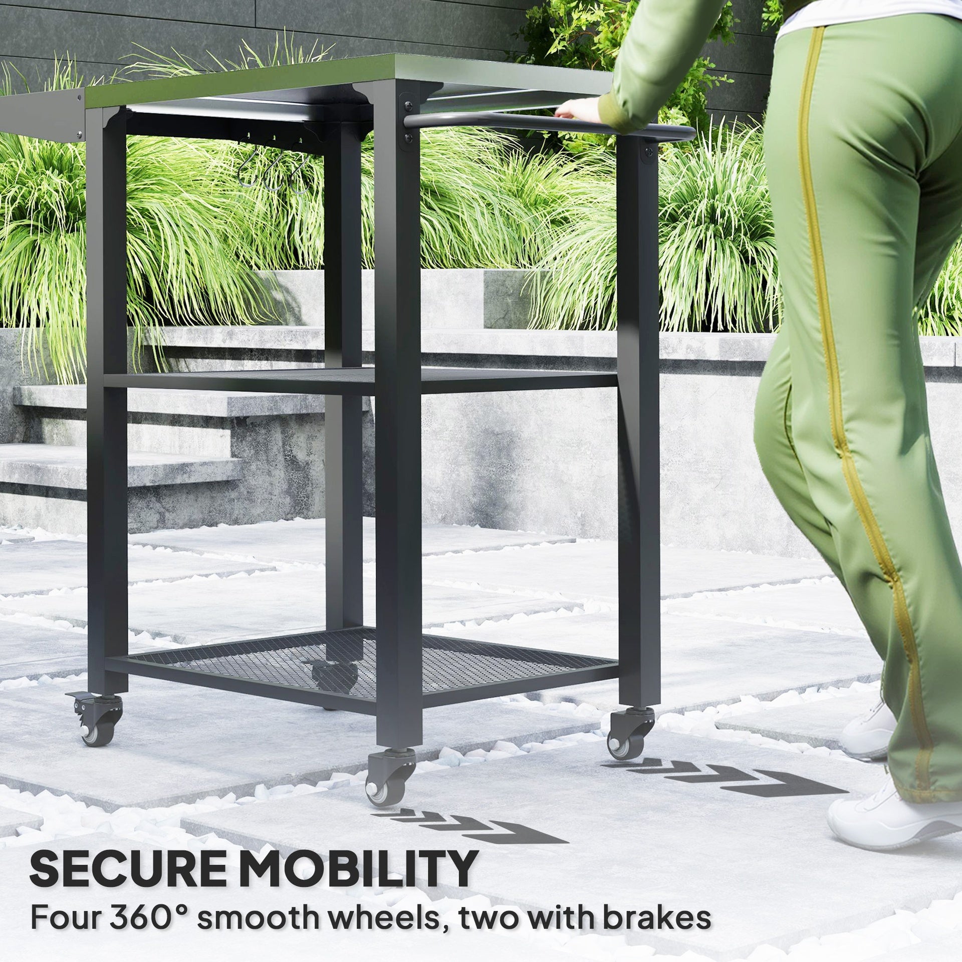 Outsunny Three-Shelf Outdoor Grill Cart Table with Foldable Side Table, Stainless Steel Top Pizza Oven Stand with Hooks, Silver