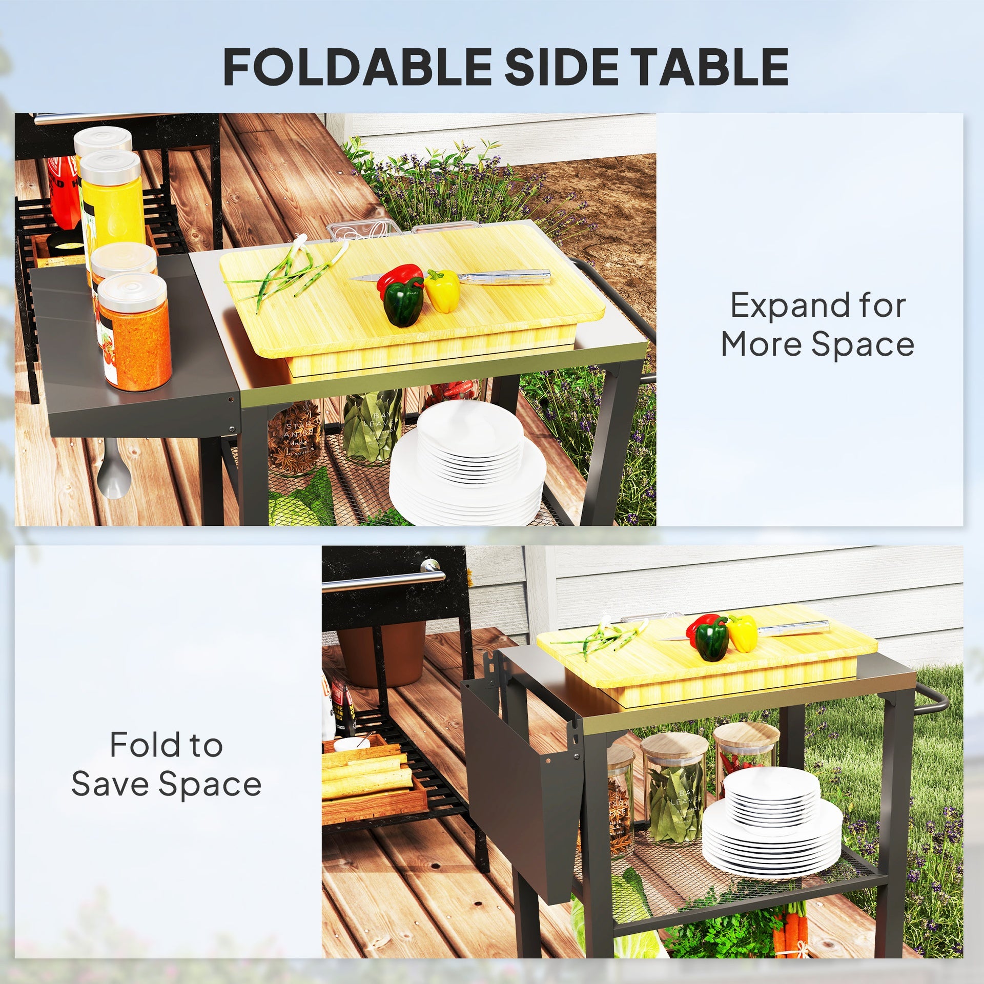 Outsunny Three-Shelf Outdoor Grill Cart Table with Foldable Side Table, Stainless Steel Top Pizza Oven Stand with Hooks, Silver